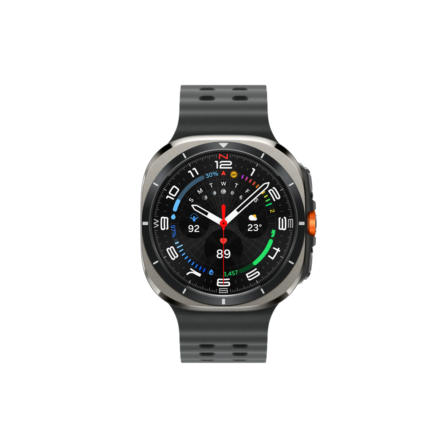 Een zwarte smartwatch met een donkergrijze band, met een zwarte achtergrond en een zilveren ring.