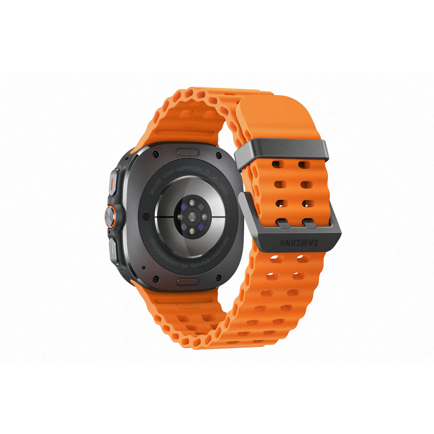 Back view of a black smartwatch with an orange band, on a white background.