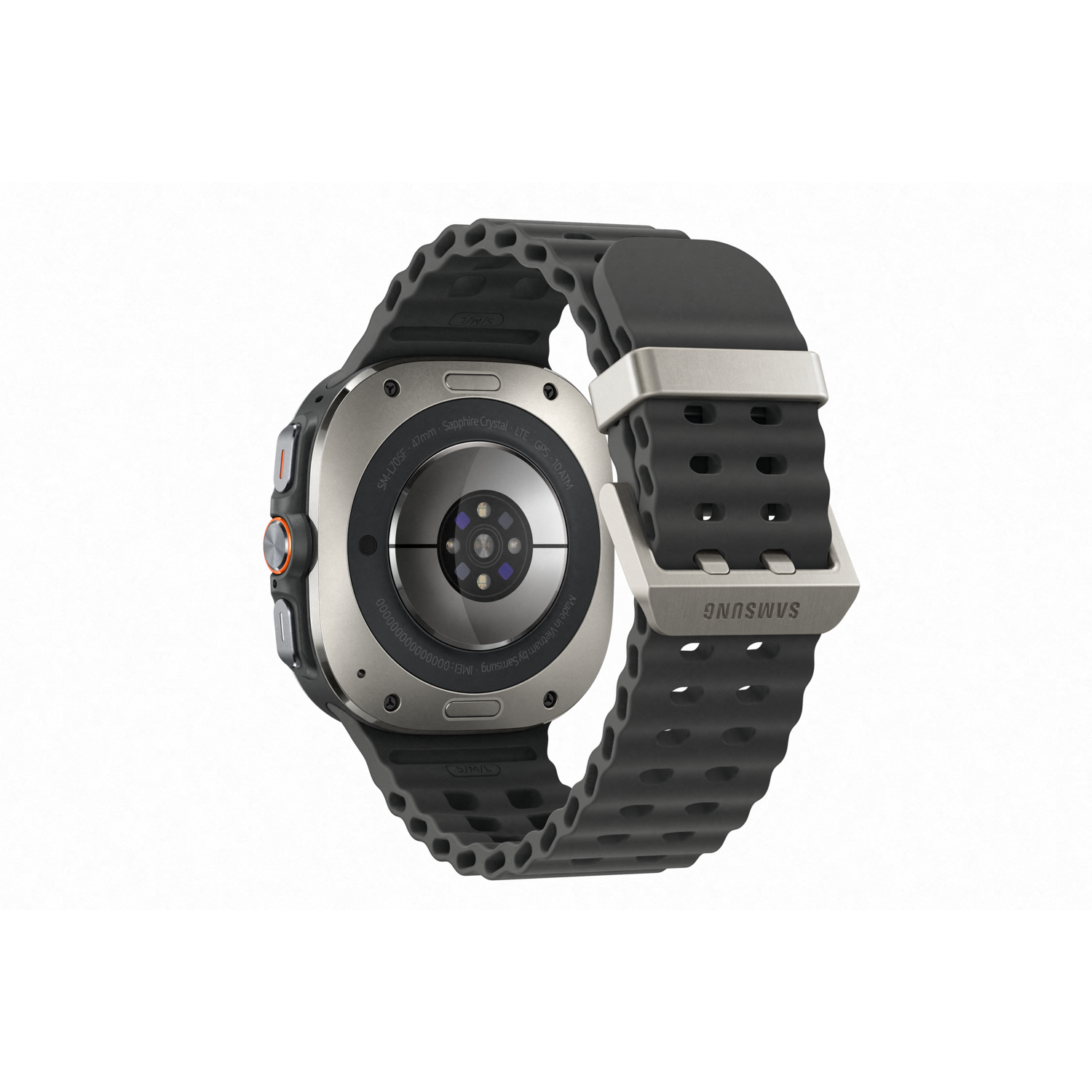 Achteraanzicht van een smartwatch met een zwarte en grijze band. Witte achtergrond.