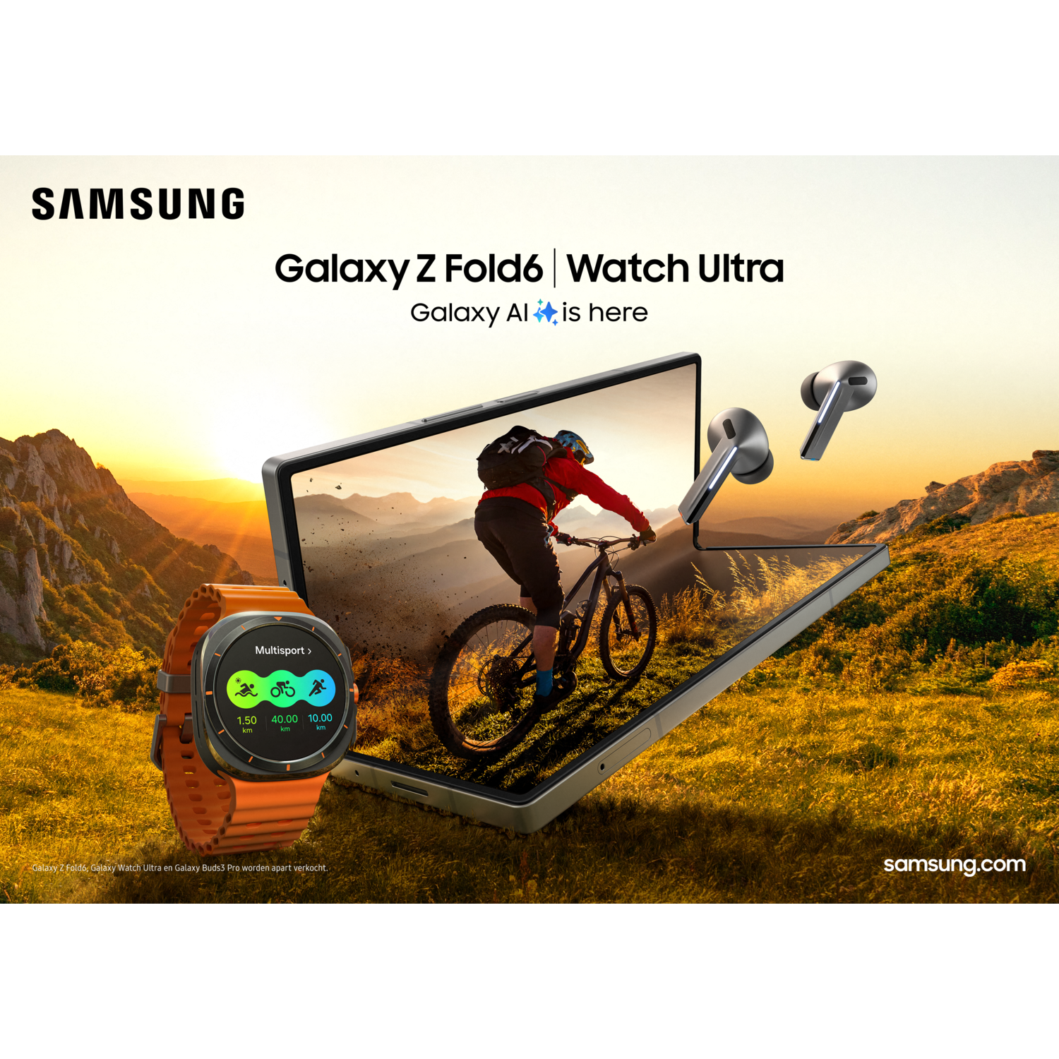 Samsung ad featuring Galaxy Z Fold6, Watch Ultra, earbuds, and cyclist on a mountain backdrop.