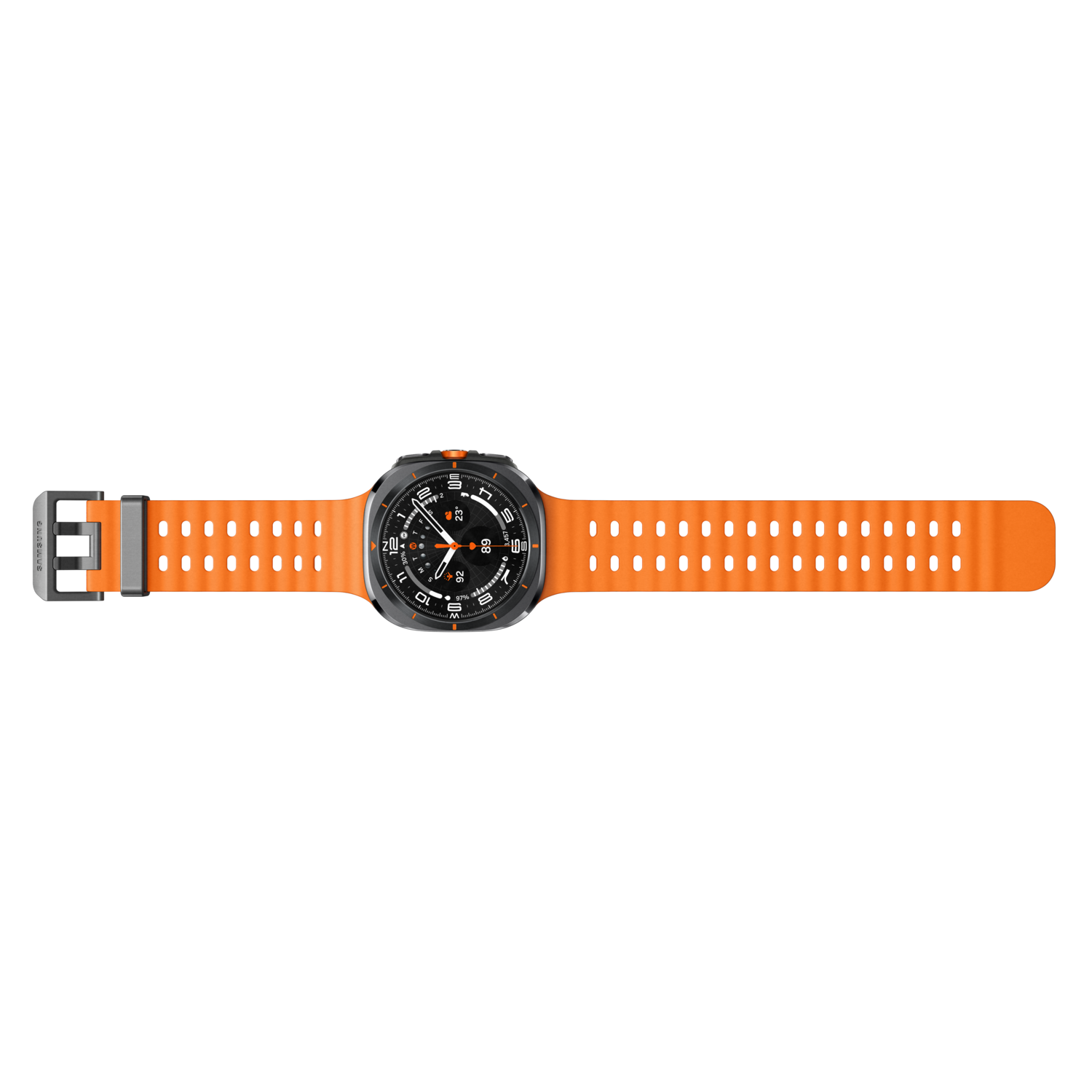 Black and silver smartwatch with an orange strap. Black background.