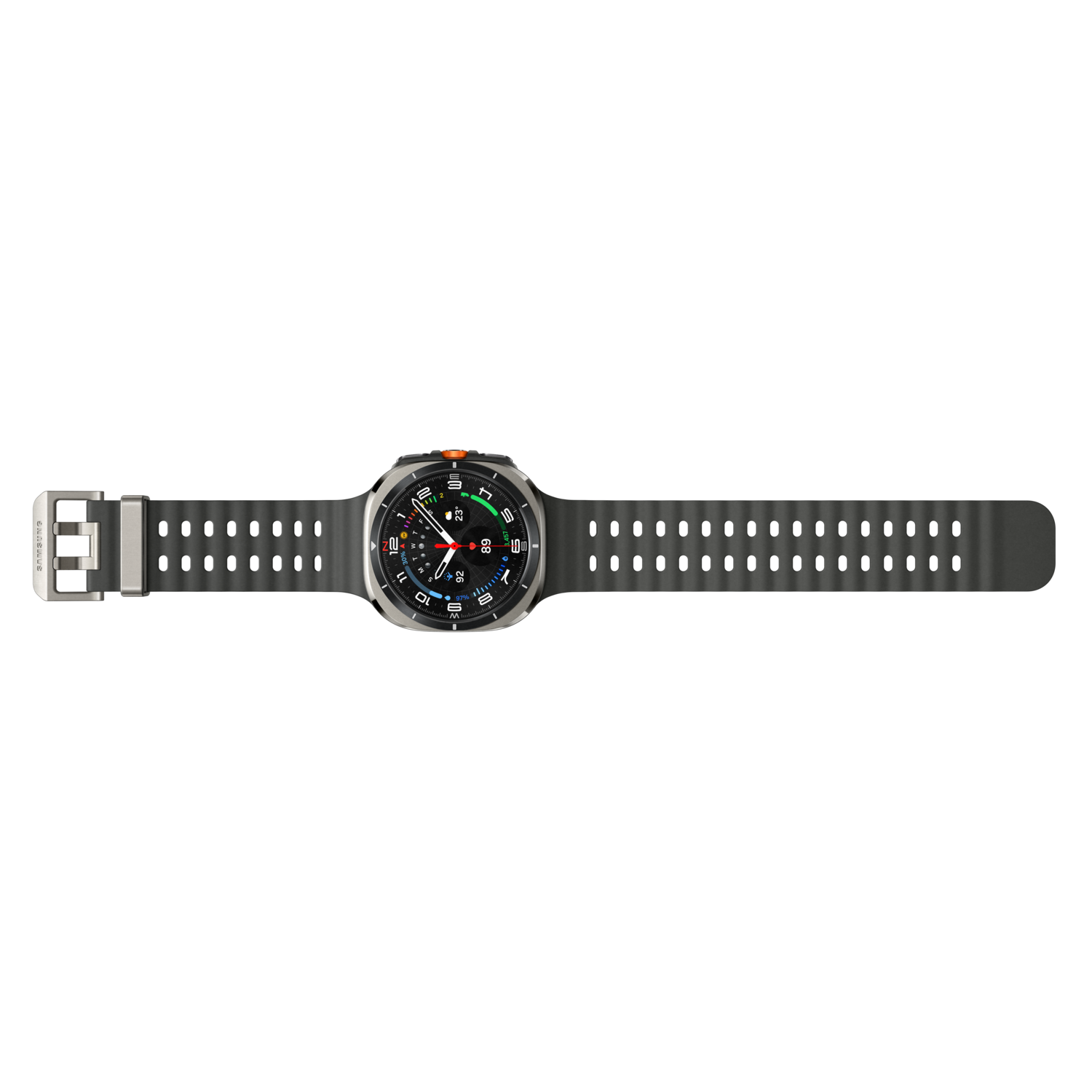 Smartwatch met donkergrijze band. Zwarte achtergrond. Wijzerplaat toont tijd en cijfers.