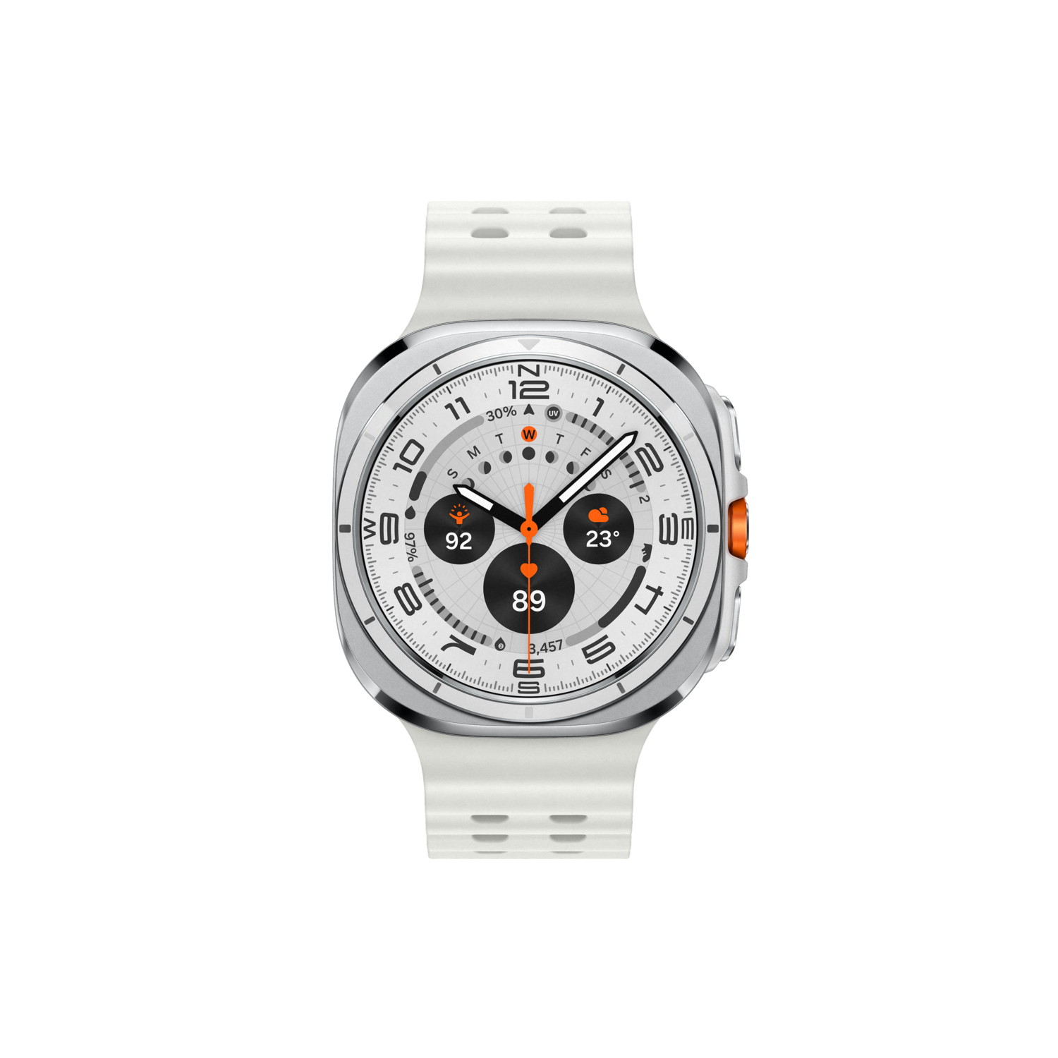 Witte smartwatch met witte band, oranje accenten en digitaal display.