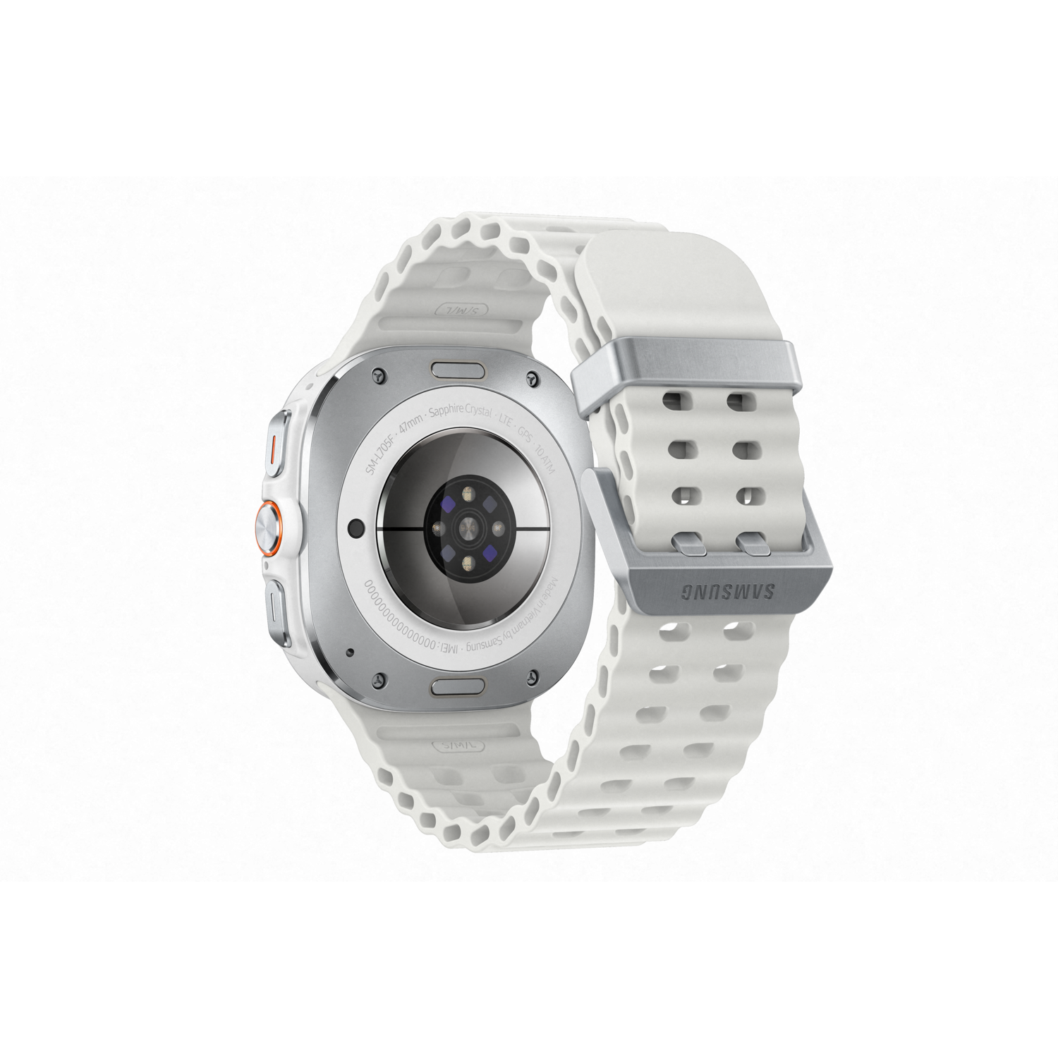 De achterkant van een witte smartwatch met een witte band. De sensor is zichtbaar.