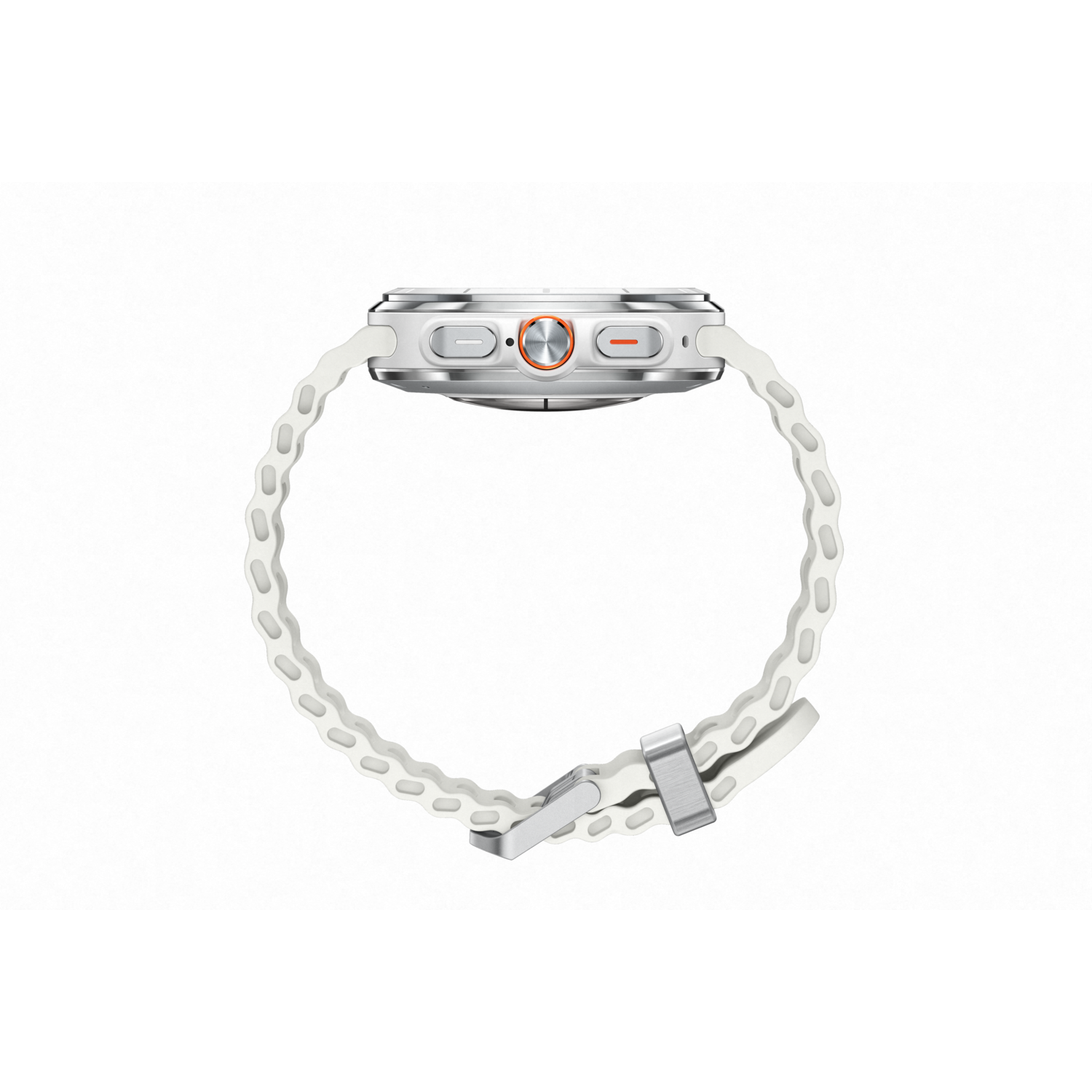 Zijaanzicht van een witte smartwatch met witte band en oranje accenten op een witte achtergrond.