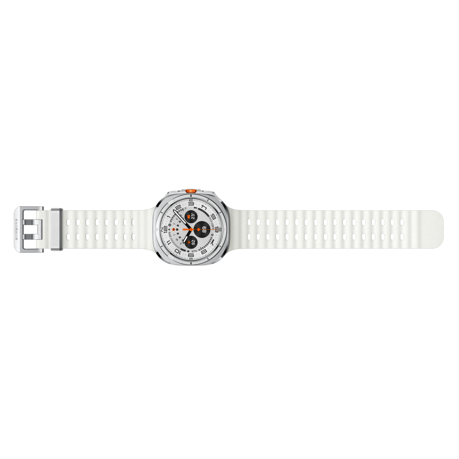 Witte smartwatch met witte band. De wijzerplaat toont cijfers en oranje details op een zwarte achtergrond.