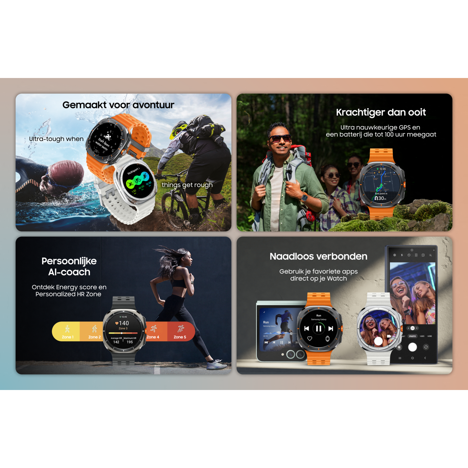 Horloges met oranje en witte bandjes, atleten, fietser en telefoon met apps. Tekst in verschillende talen.