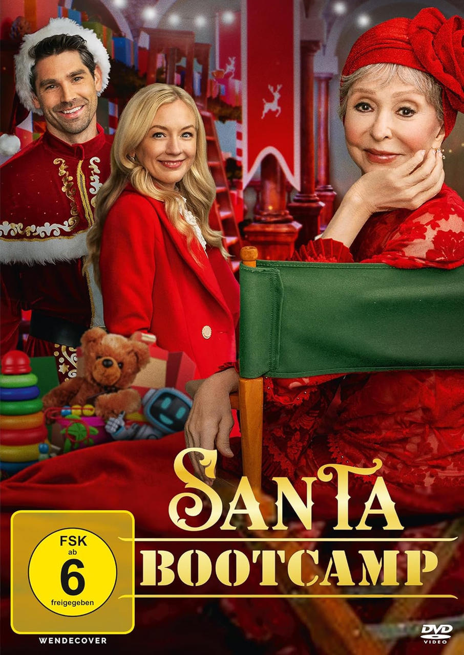 Filmposter mit drei Personen und dem Text „Santa Bootcamp“ im Weihnachtsthema.