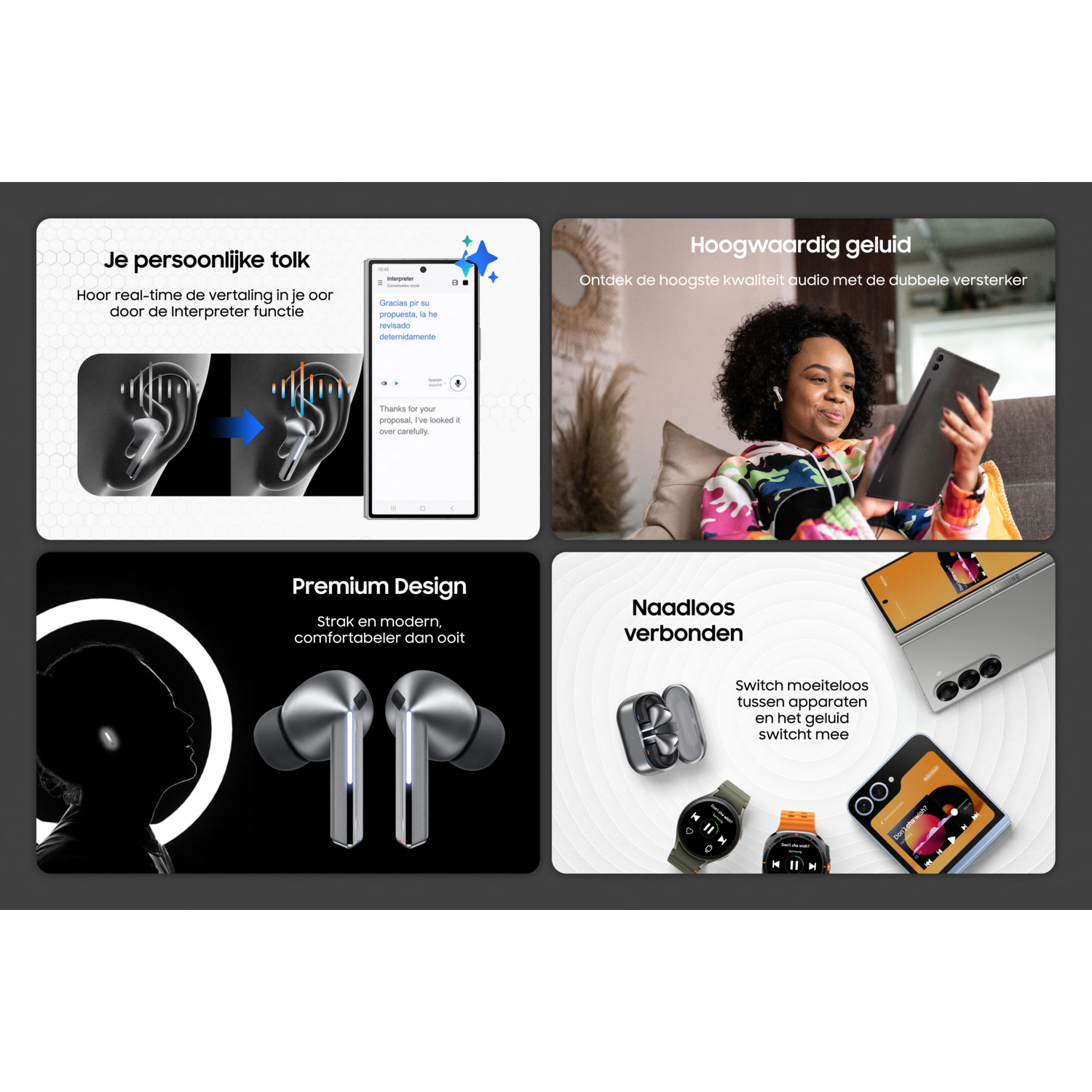 Quatre images. Écouteurs, tablette, montres connectées et une personne utilisant une tablette. Le produit en usage.