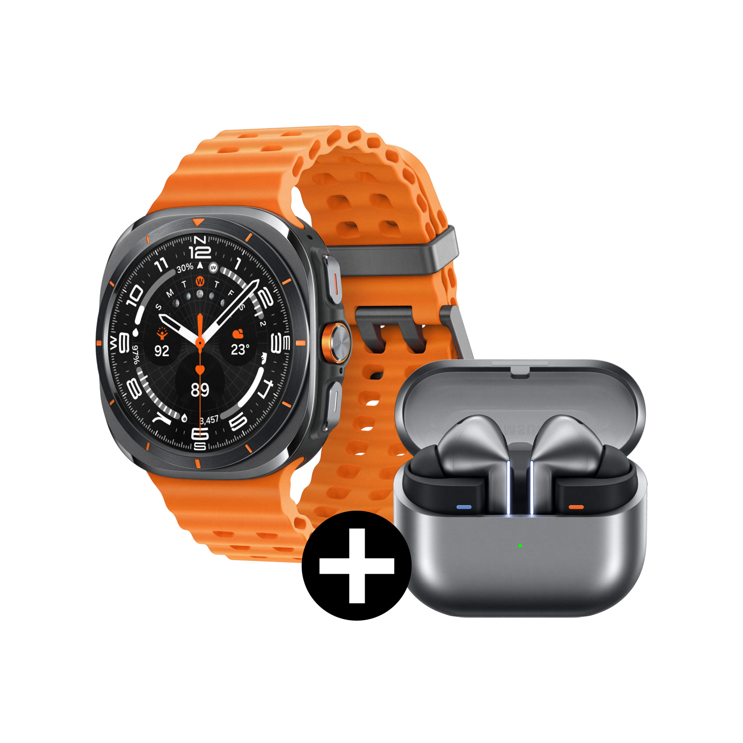 Smartwatch et écouteurs sur fond noir. Montre avec bracelet orange, lunette noire. Écouteurs dans un étui argenté.