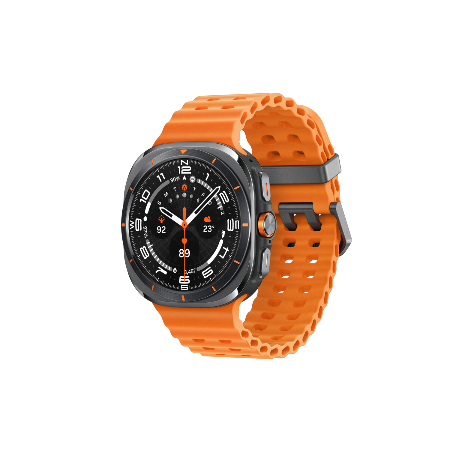 Smartwatch orange sur fond noir. La montre affiche l'heure et les mesures sur son cadran circulaire.