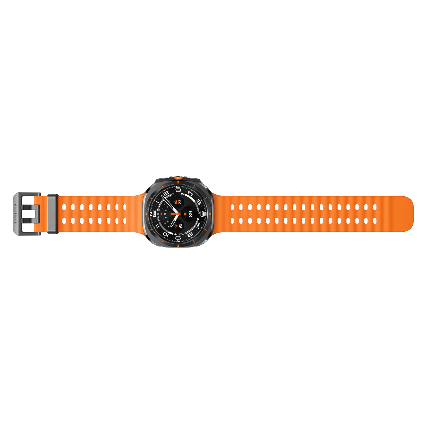 Montre connectée avec bracelet orange, vue de dessus, sur fond noir.