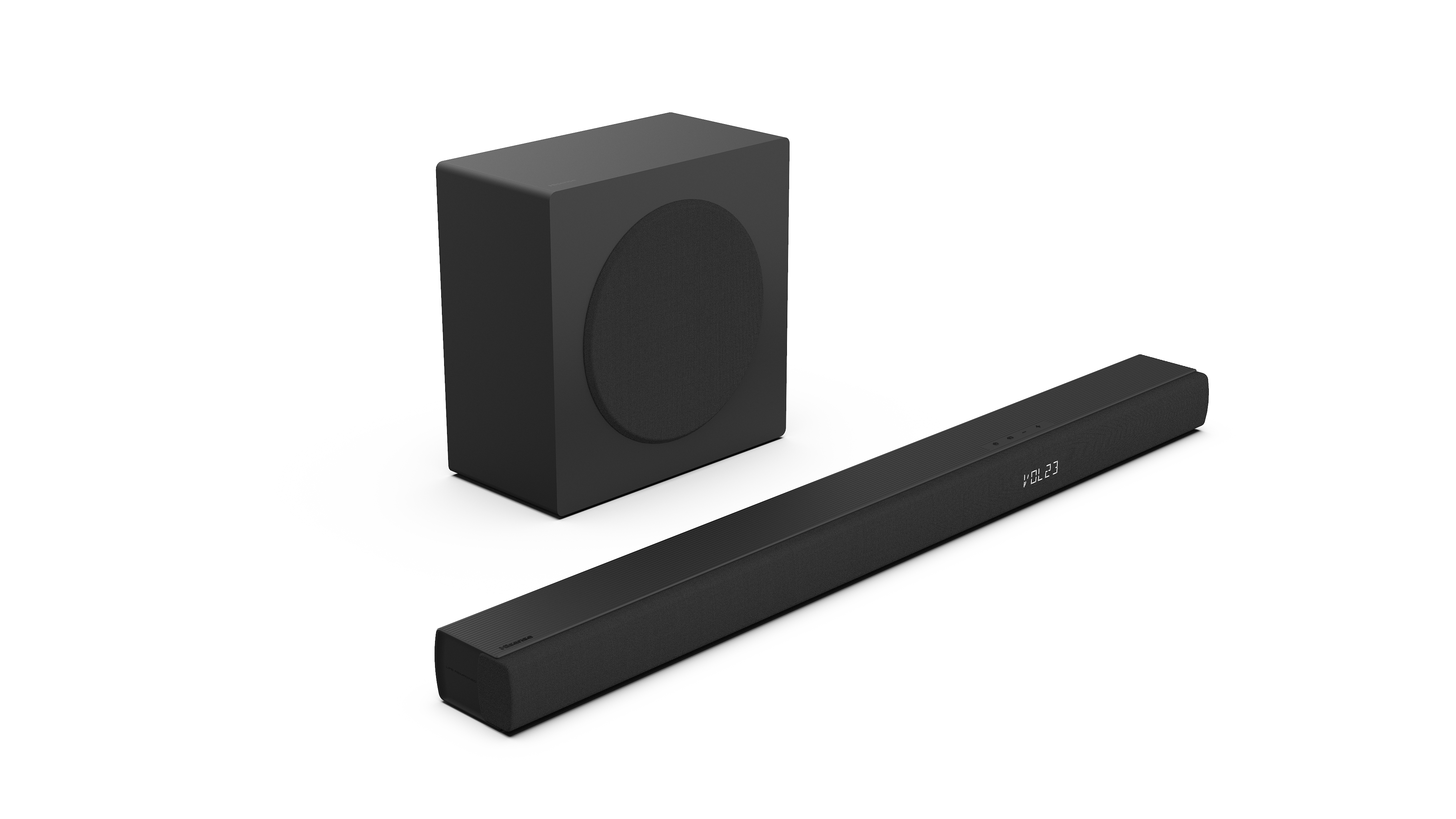 Schwarze Soundbar und Subwoofer auf weißem Hintergrund. Einfaches und sauberes Design.