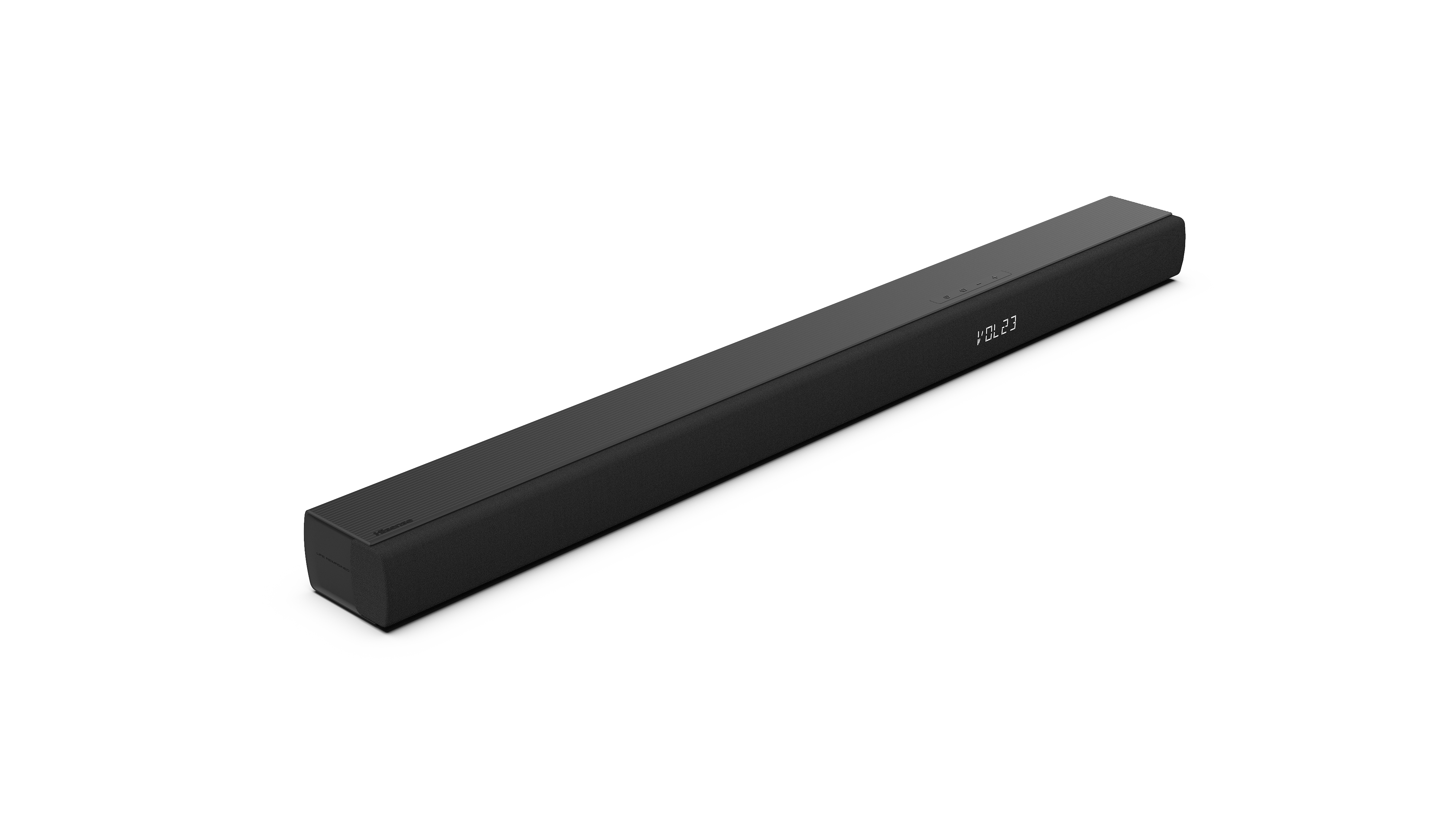 Schwarze Soundbar mit Anzeige der Lautstärke, auf weißem Hintergrund.
