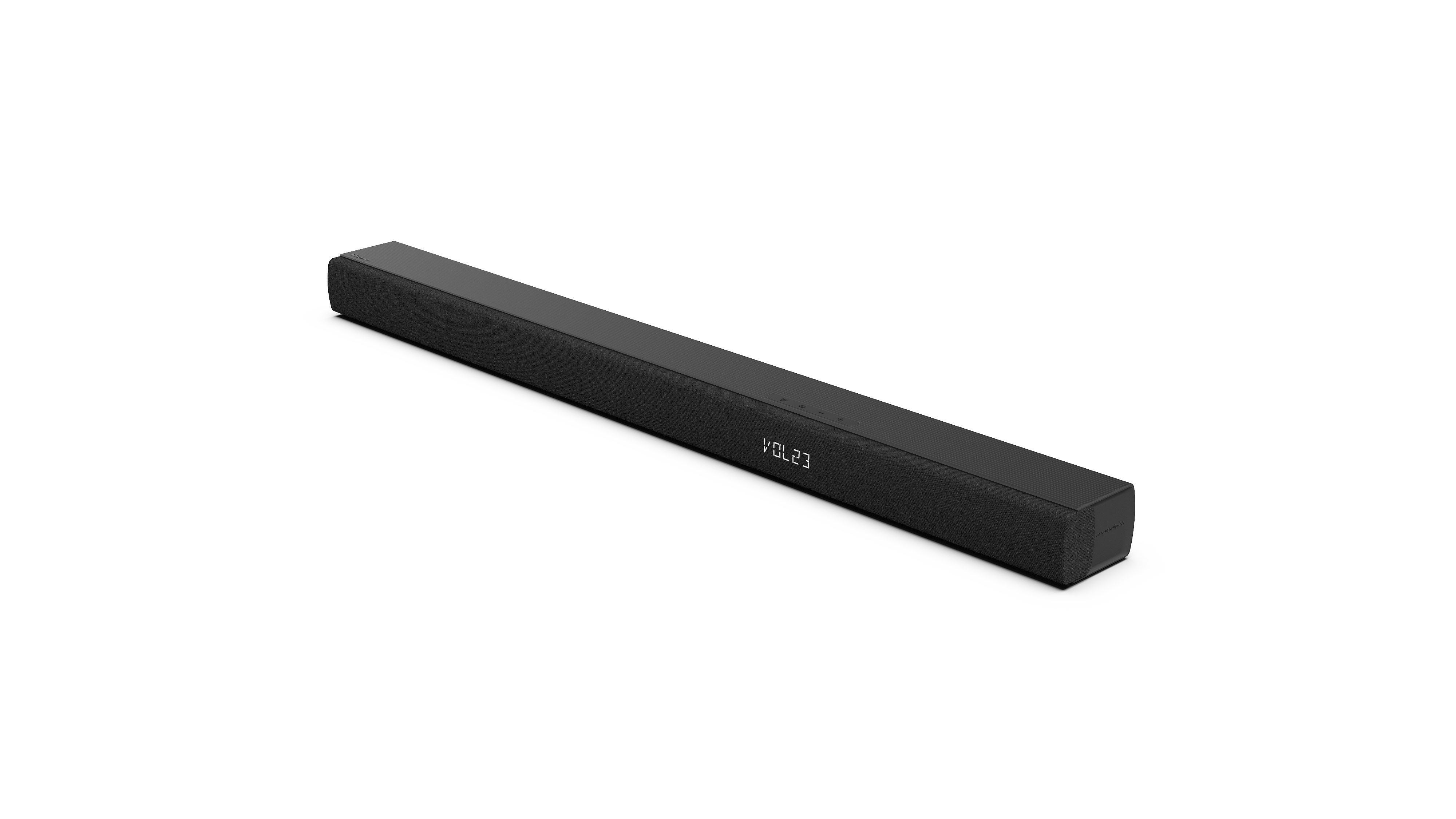 Schwarze Soundbar mit Anzeige 'VOL 23', auf weißem Hintergrund, isoliert.