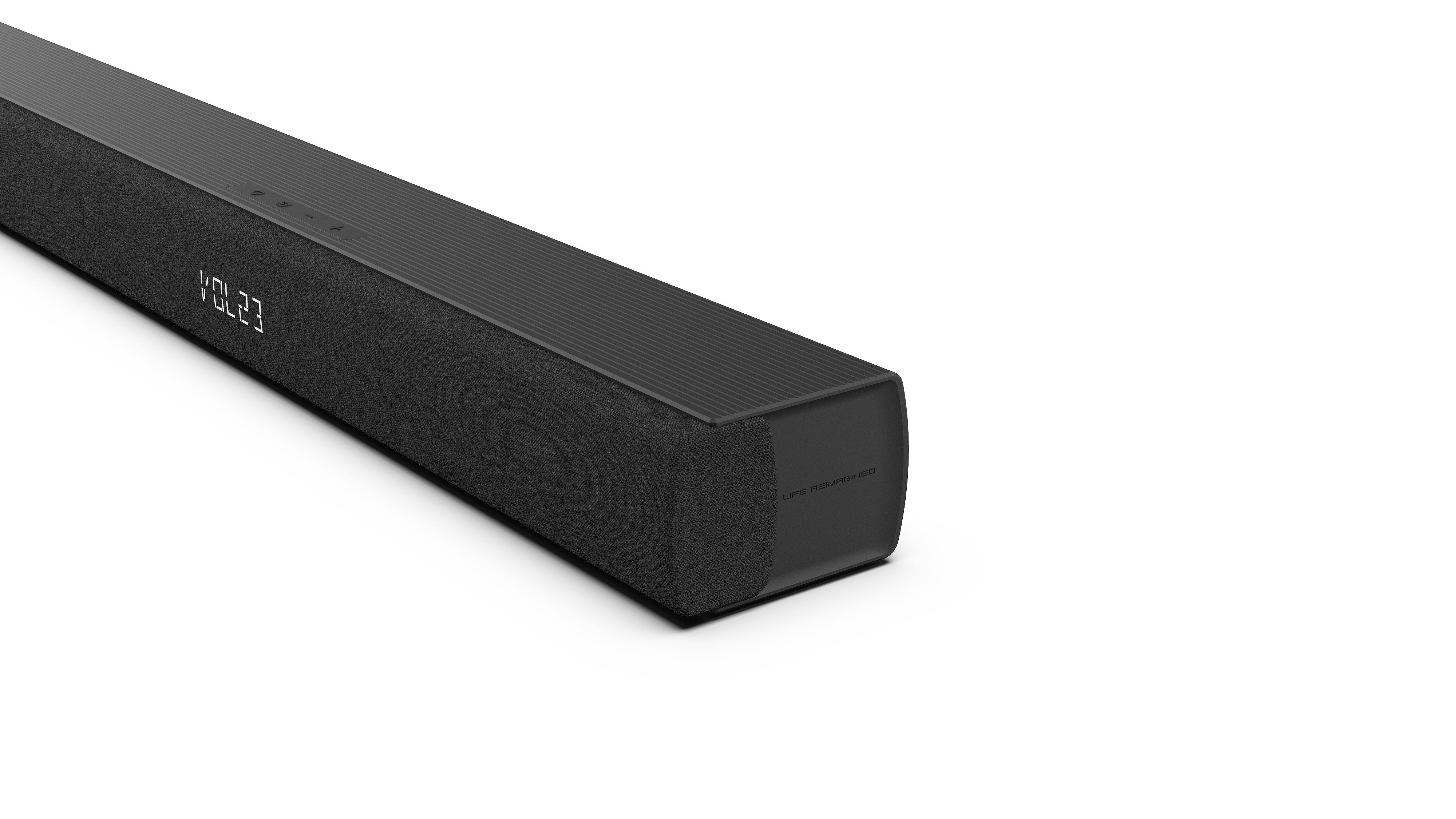 Schwarze Soundbar mit weißem Text 'VOL 23' auf weißem Hintergrund.