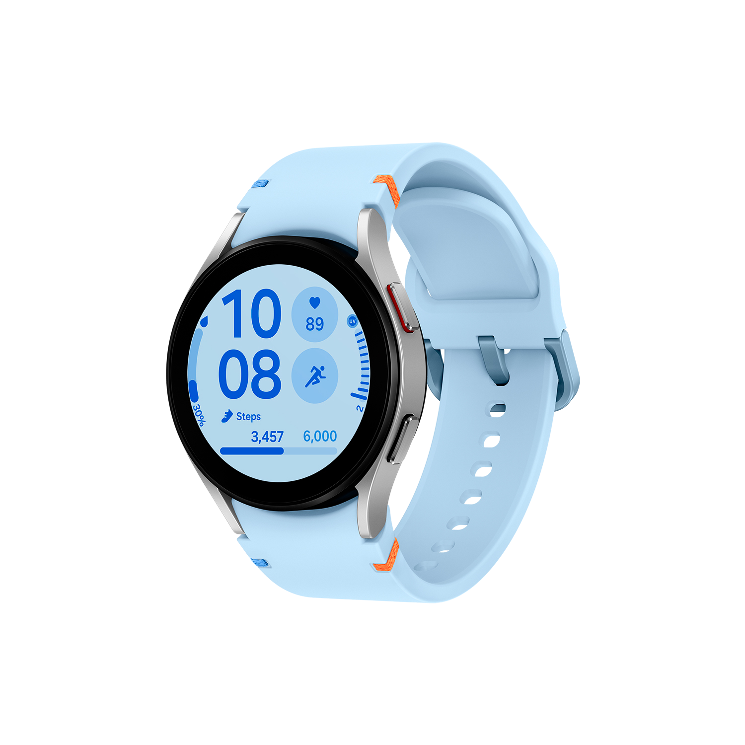 Smartwatch plateado con correa azul claro. Muestra hora, pasos y progreso de actividad.