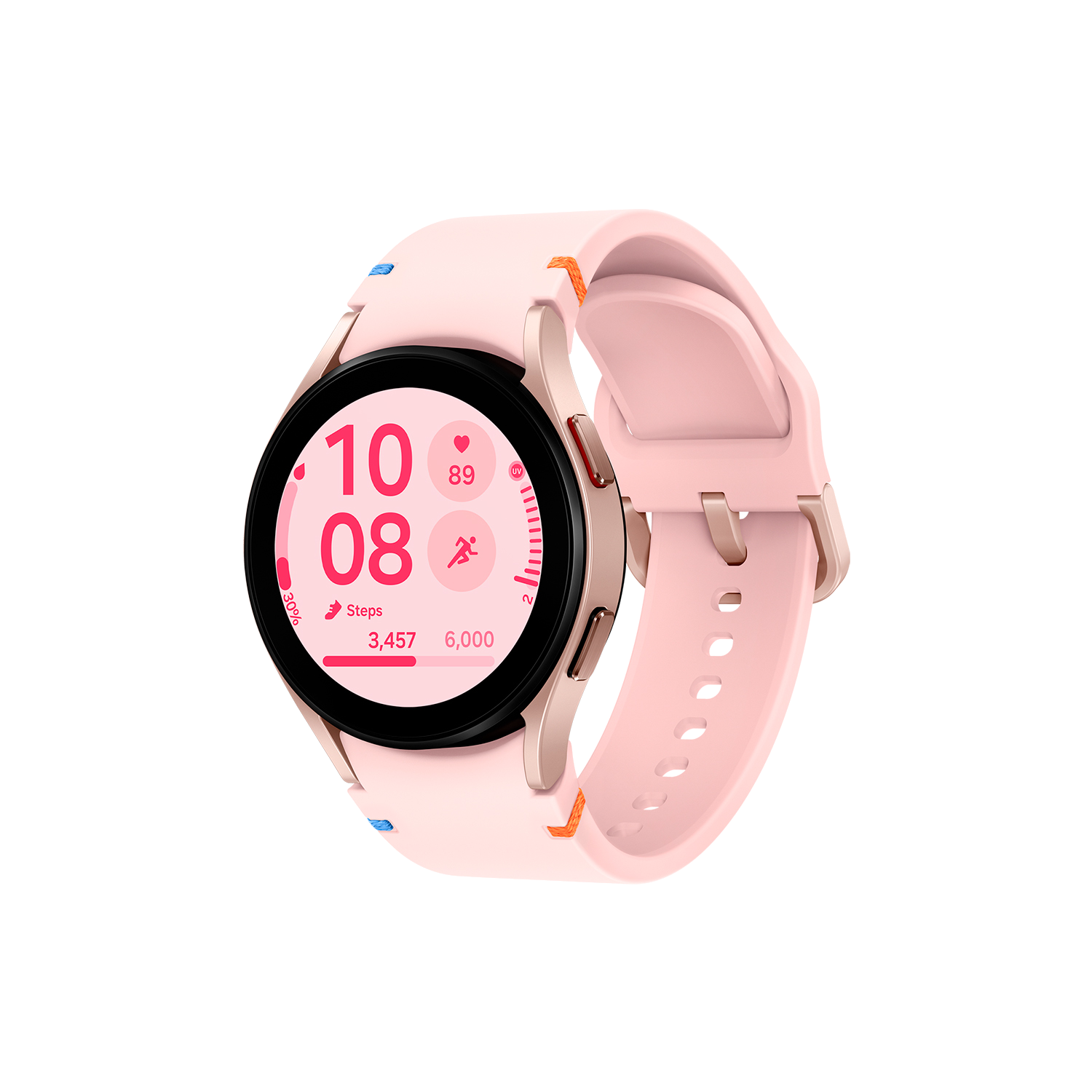 Smartwatch rosa con esfera redonda y correa rosa. Muestra datos de salud. Fondo negro.