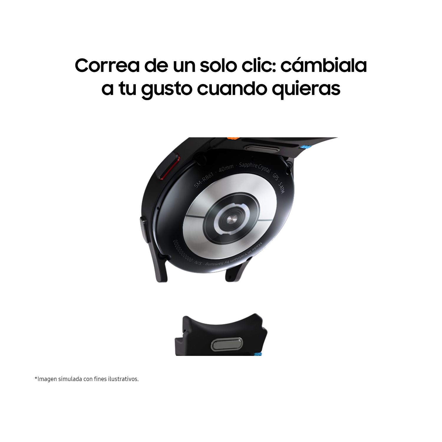 Un Samsung Galaxy Watch, plateado, con correa negra desmontable, vista de cerca, y una correa de repuesto.