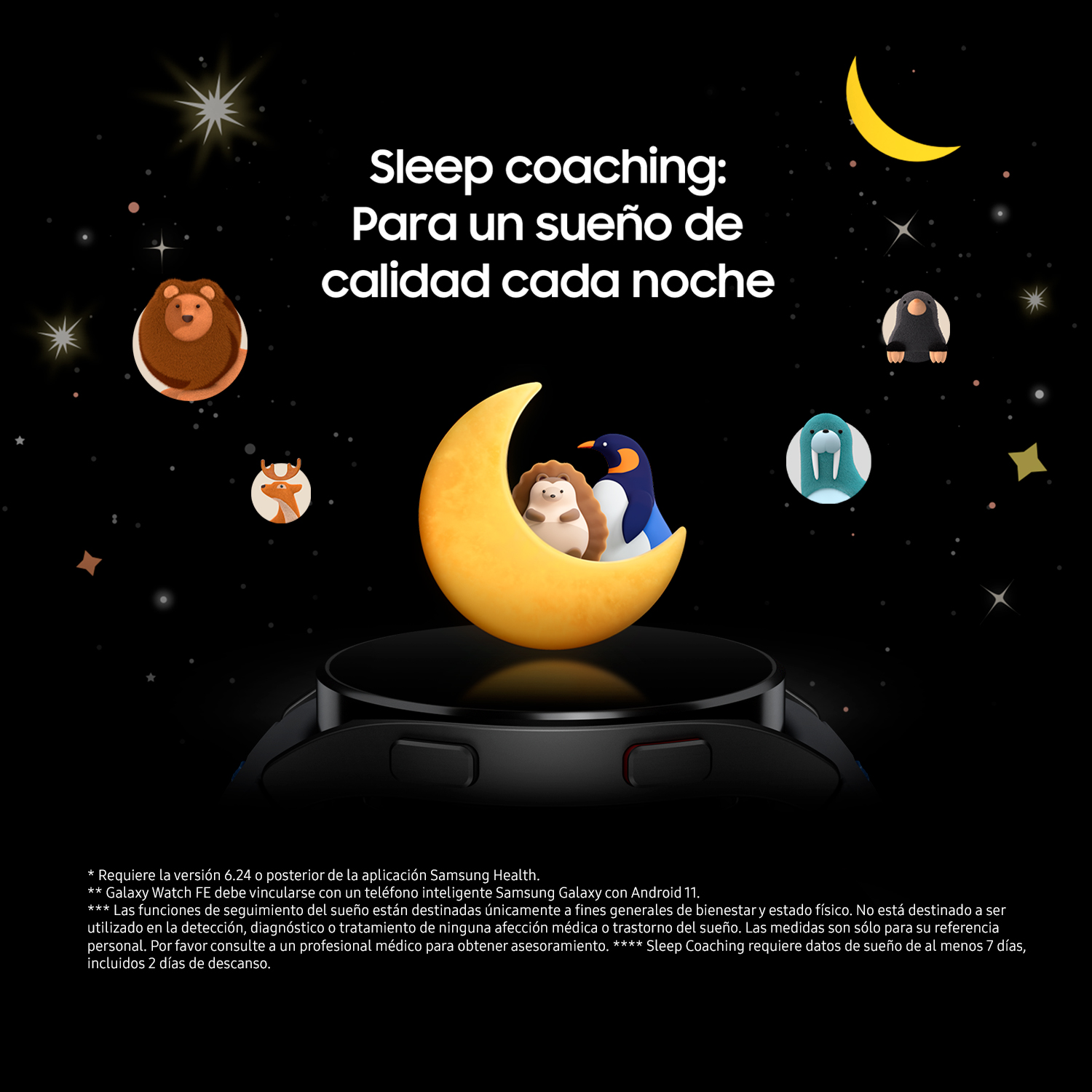 Reloj Galaxy en una luna, con animales de dibujos animados y estrellas en el cielo. El reloj es el primer plano.