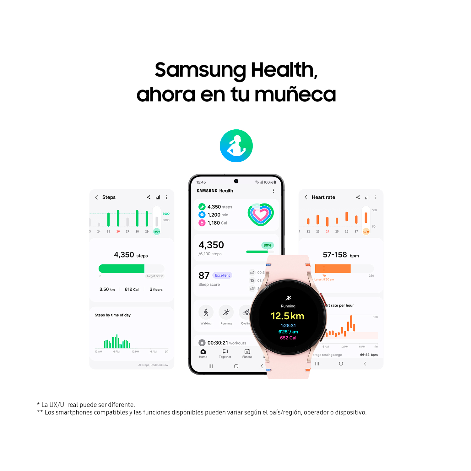 Imagen promocional con la interfaz de la aplicación Samsung Health en un smartwatch y teléfono rosa.