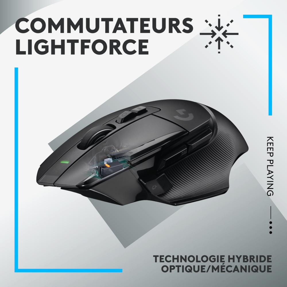 Souris gaming noire avec détails bleus, texte et bordure bleue stylisée, fond blanc.