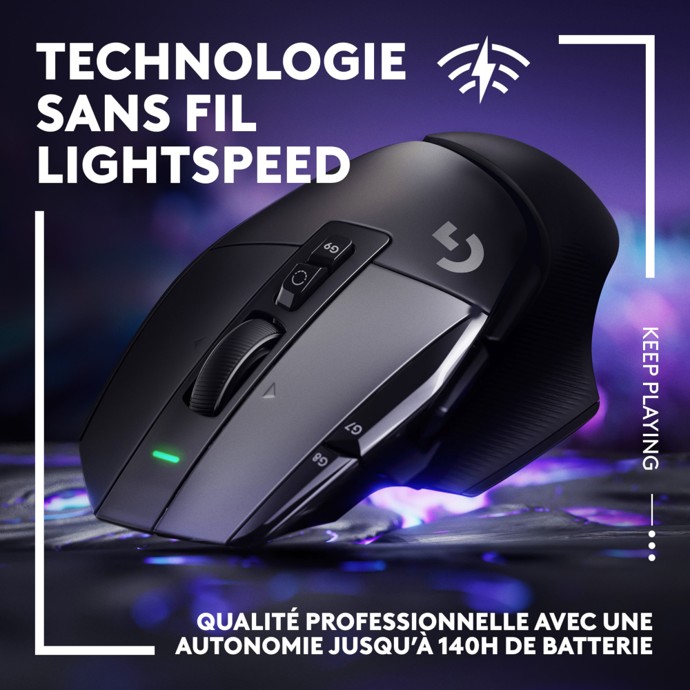 Une souris gaming sans fil noire avec boutons, texte et lumière verte, sur une image carrée.