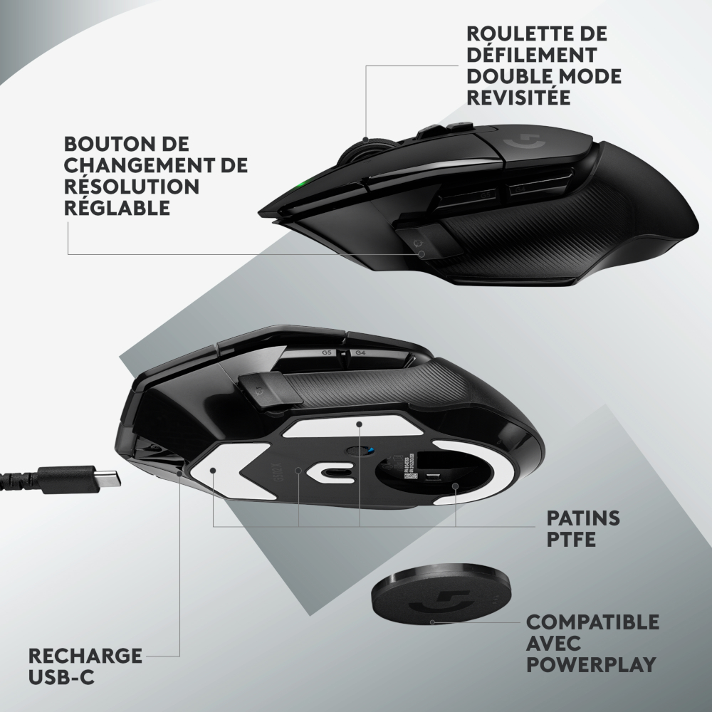 Une souris de jeu noire avec des boutons et des détails mis en évidence.