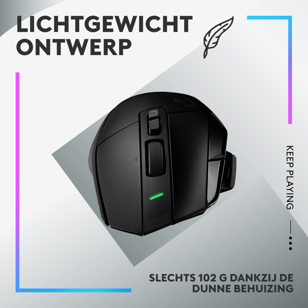 A black Logitech gaming mouse with multiple buttons and a green light, against a gray geometric backdrop.