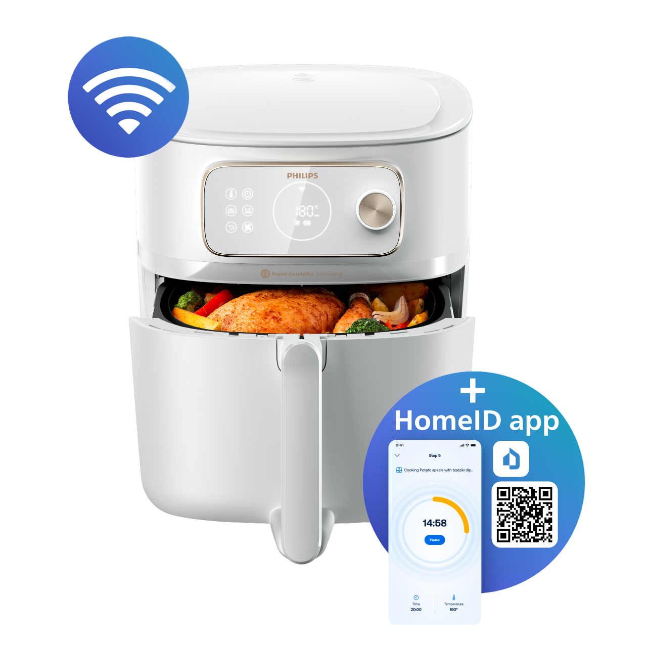 Weißer Philips-Heißluftfritteuse mit Griff und Anzeige von 180 Grad. Enthält die HomeID-App.