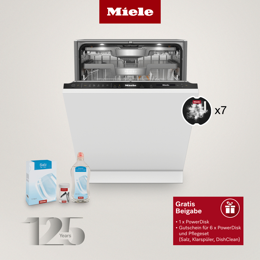 Miele Geschirrspüler. Weiß, mit schwarzem Bedienfeld. Mit Waschmittel und Reinigungsmitteln.