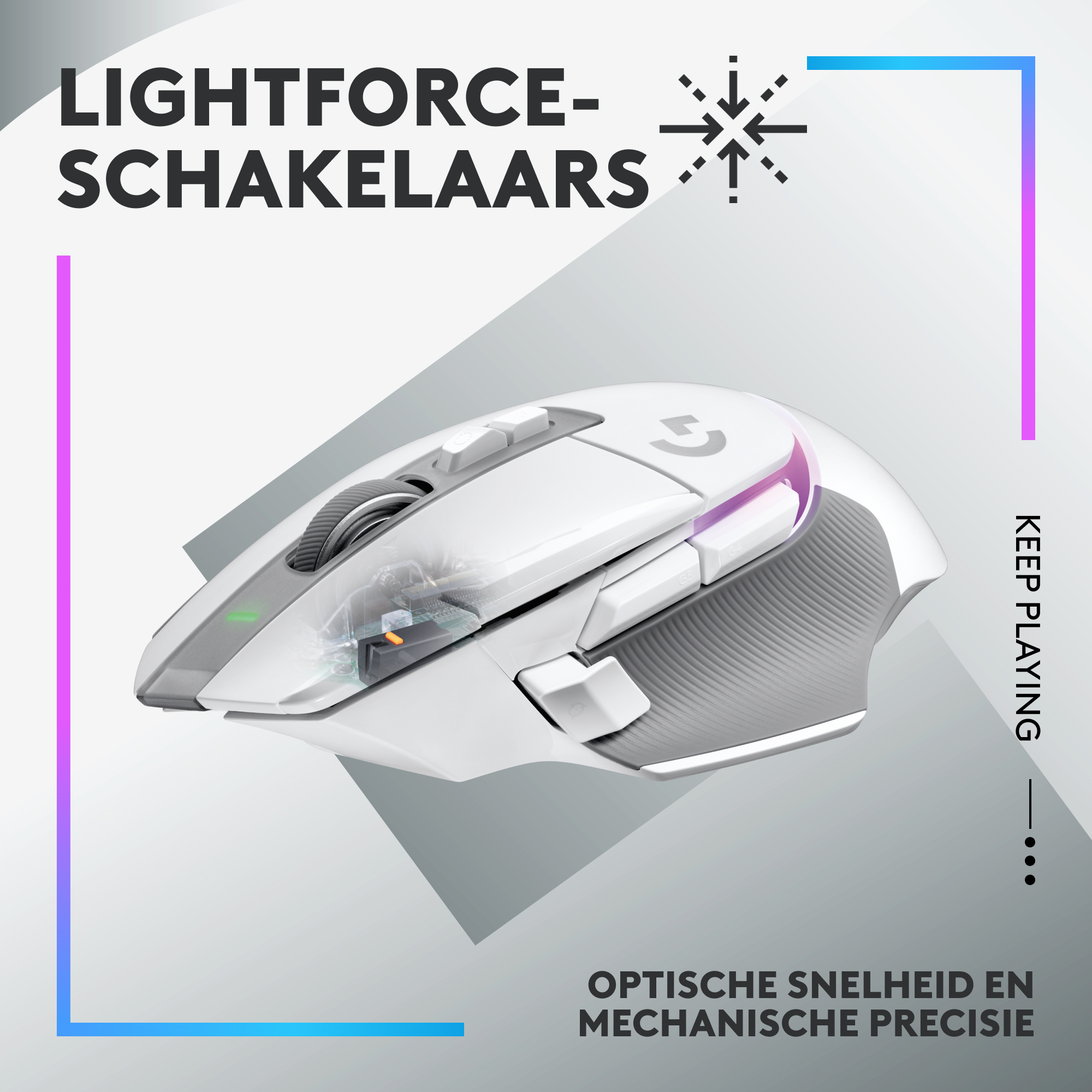 White gaming mouse with text about lightforce switch and optical precision.