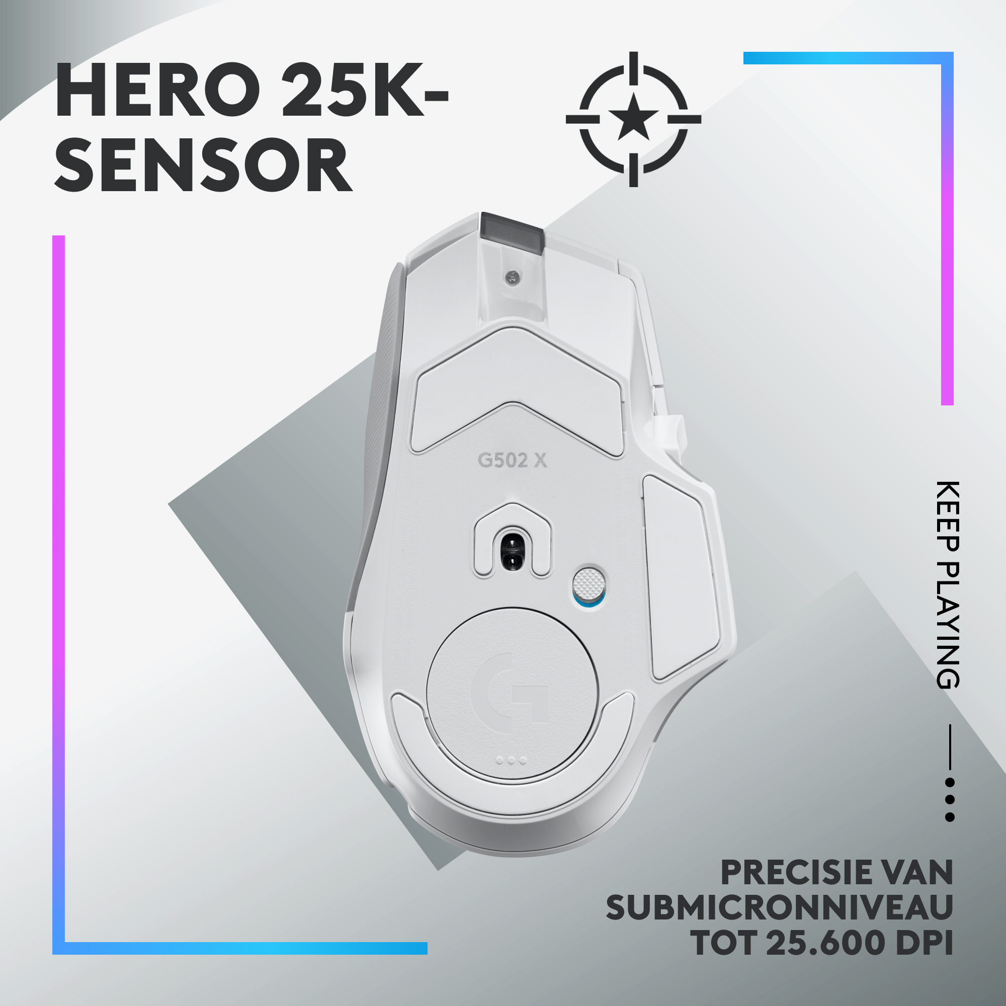 White gaming mouse, top view, with text 'HERO 25K-SENSOR', and 'G502 X'.