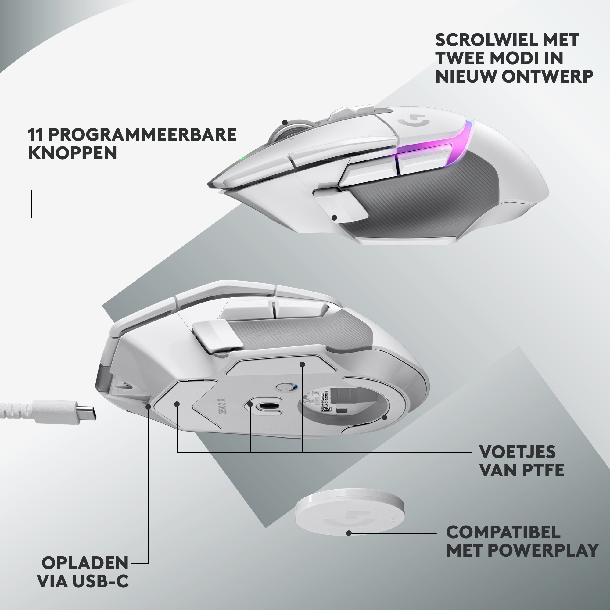 White gaming mouse with buttons and scroll wheel. Mouse has USB-C charging and PTFE feet.