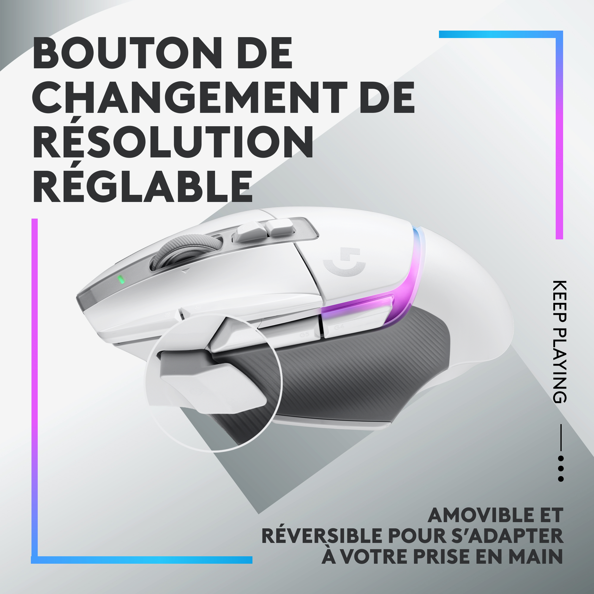 Souris gaming blanche avec section grise et lumières bleues et roses. Gros plan sur les boutons latéraux.