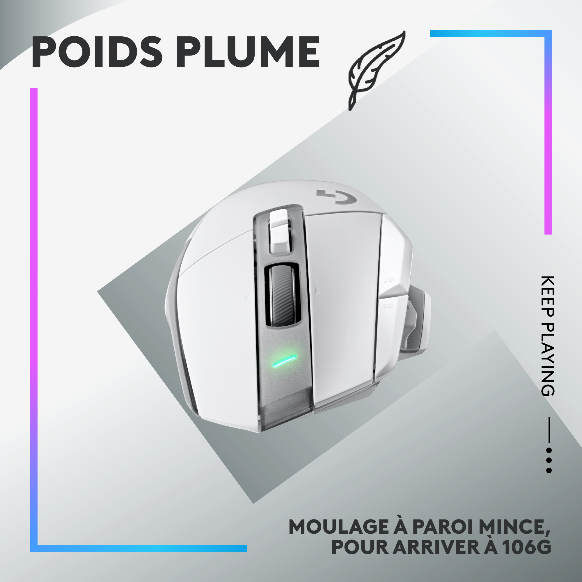 Souris gaming blanche, avec molette noire. Comprend des boutons latéraux et une lumière verte.