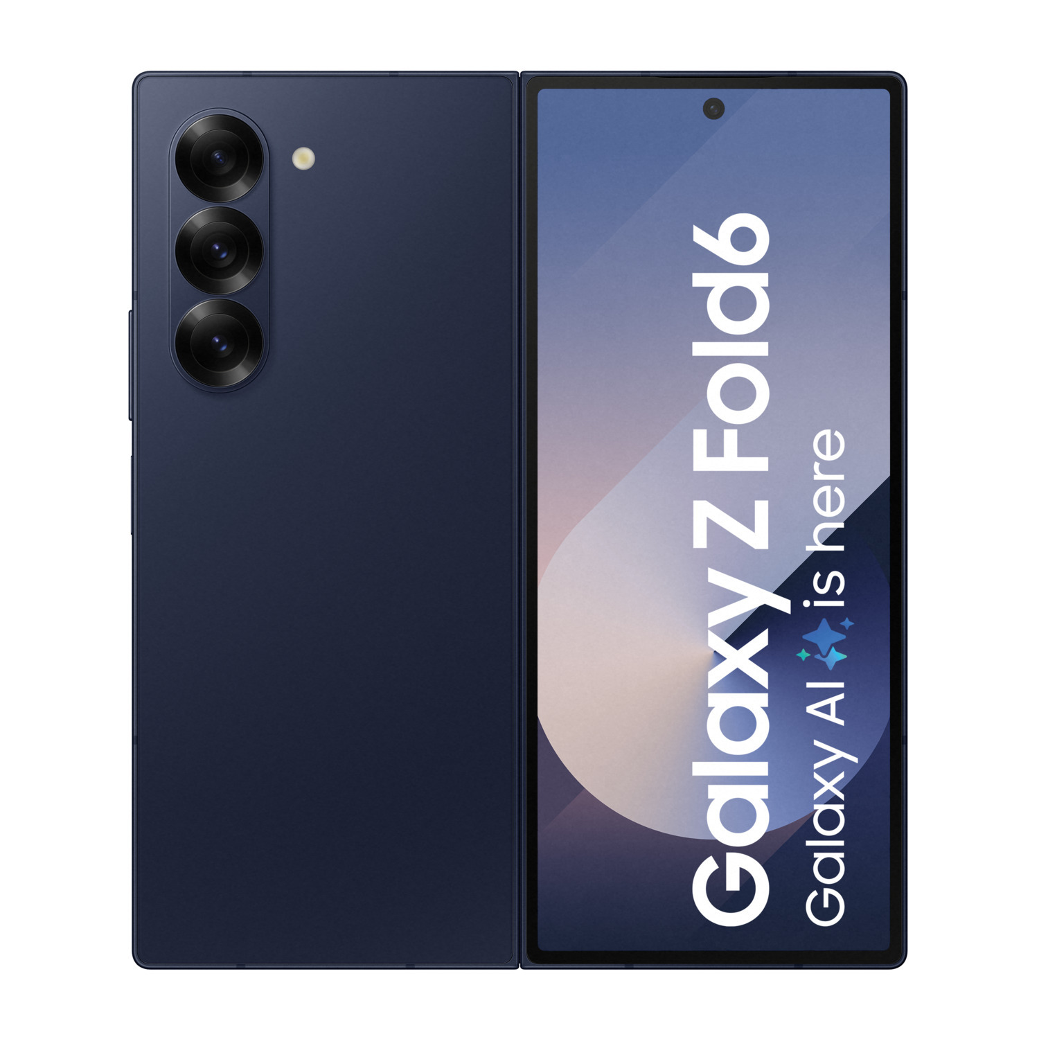 Galaxy Z Fold6 bleu marine déplié. Écran : Galaxy Z Fold6, Galaxy Ai est arrivé.