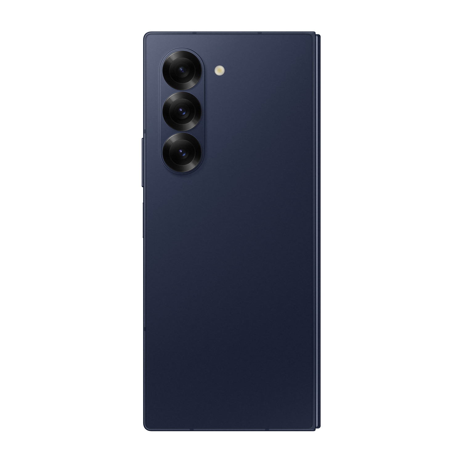 Un téléphone bleu marine fermé avec trois caméras sur un fond blanc.