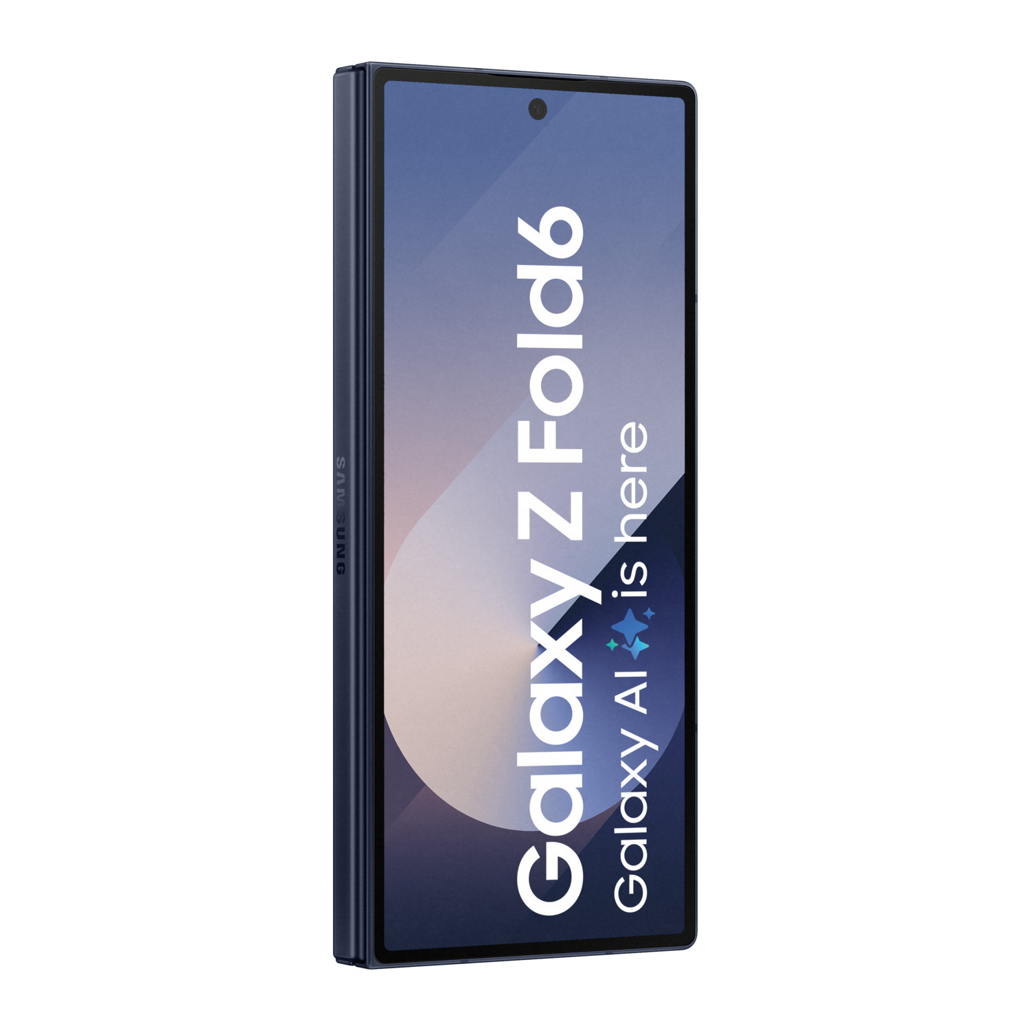 Samsung Galaxy Z Fold6 bleu foncé, plié, avec texte 'Galaxy Z Fold6' et 'Galaxy AI'.