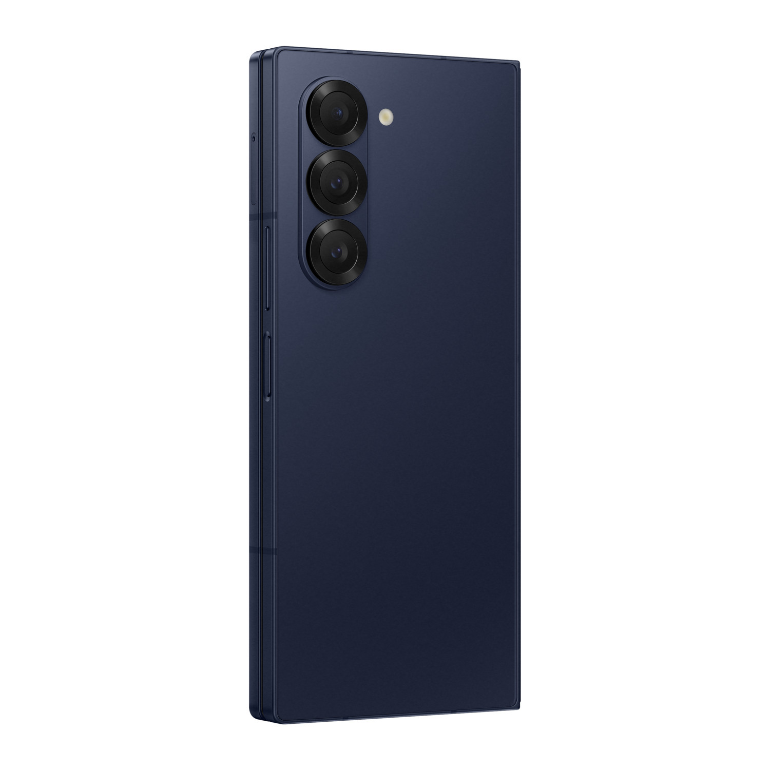 Téléphone pliable bleu foncé avec trois objectifs. L'arrière est bleu marine et élégant.