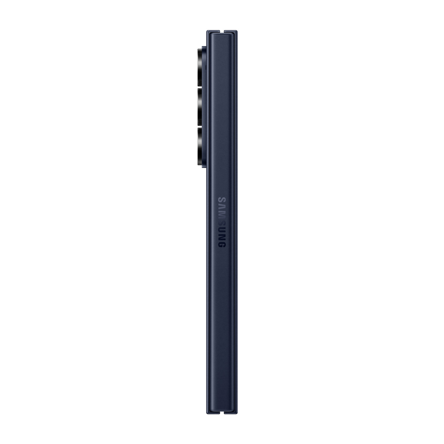 Un téléphone Samsung Galaxy bleu marine en vue latérale, montrant le module caméra.