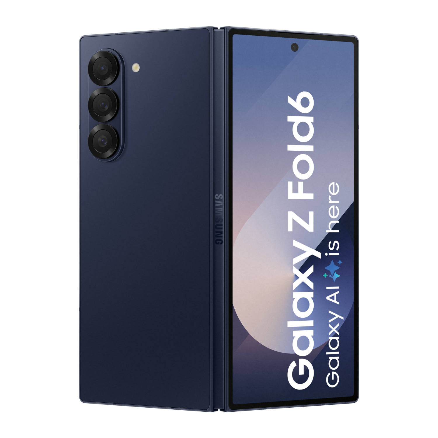 Samsung Galaxy Z Fold6 bleu marine en deux positions. Un déplié, un plié.