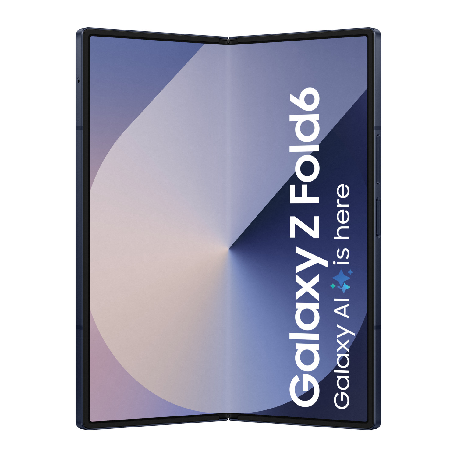 Téléphone pliable. Ouvert et affichant le texte : Galaxy Z Fold6, Galaxy AI est là. Bleu foncé.
