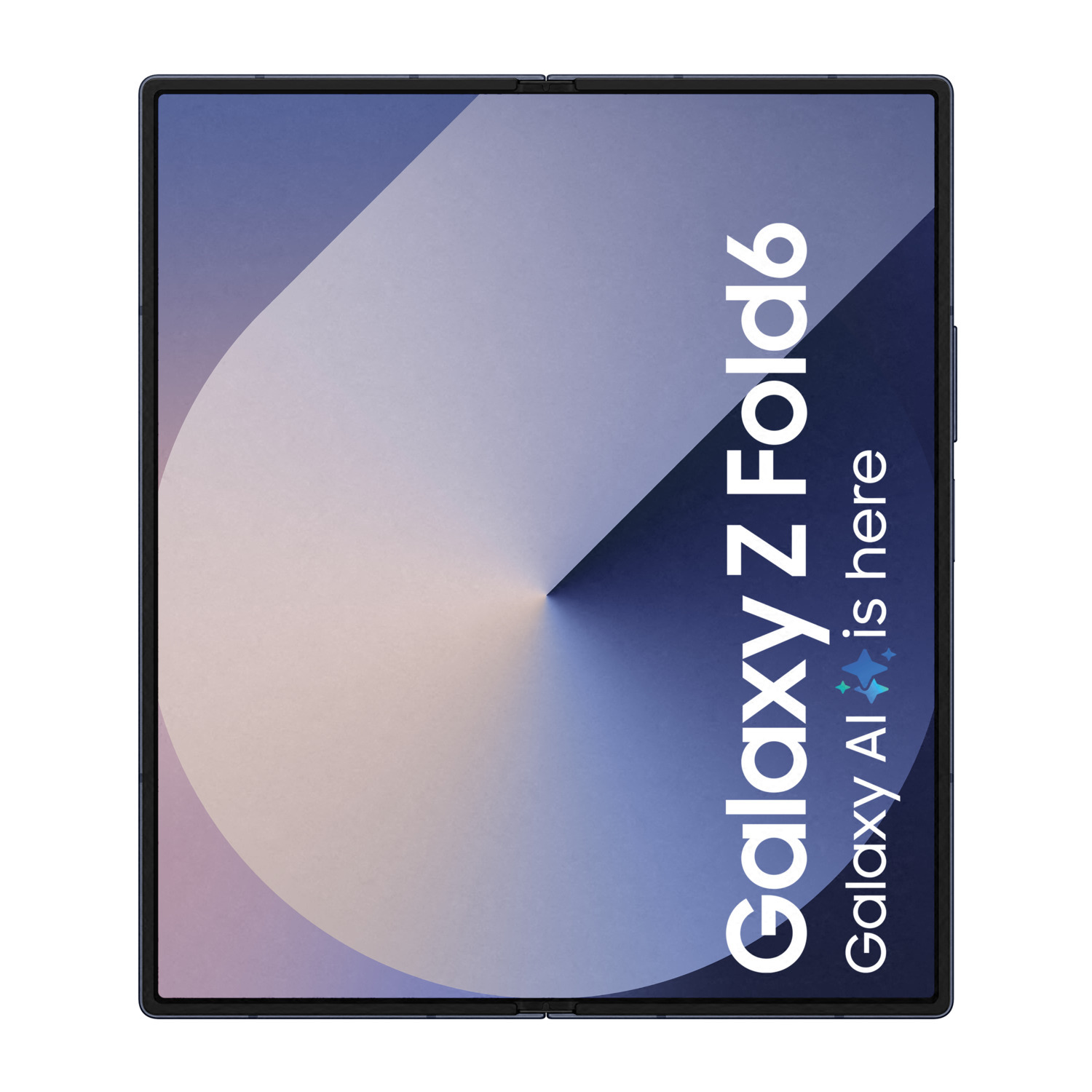 Téléphone ouvert avec le texte Galaxy Z Fold6, fond blanc.