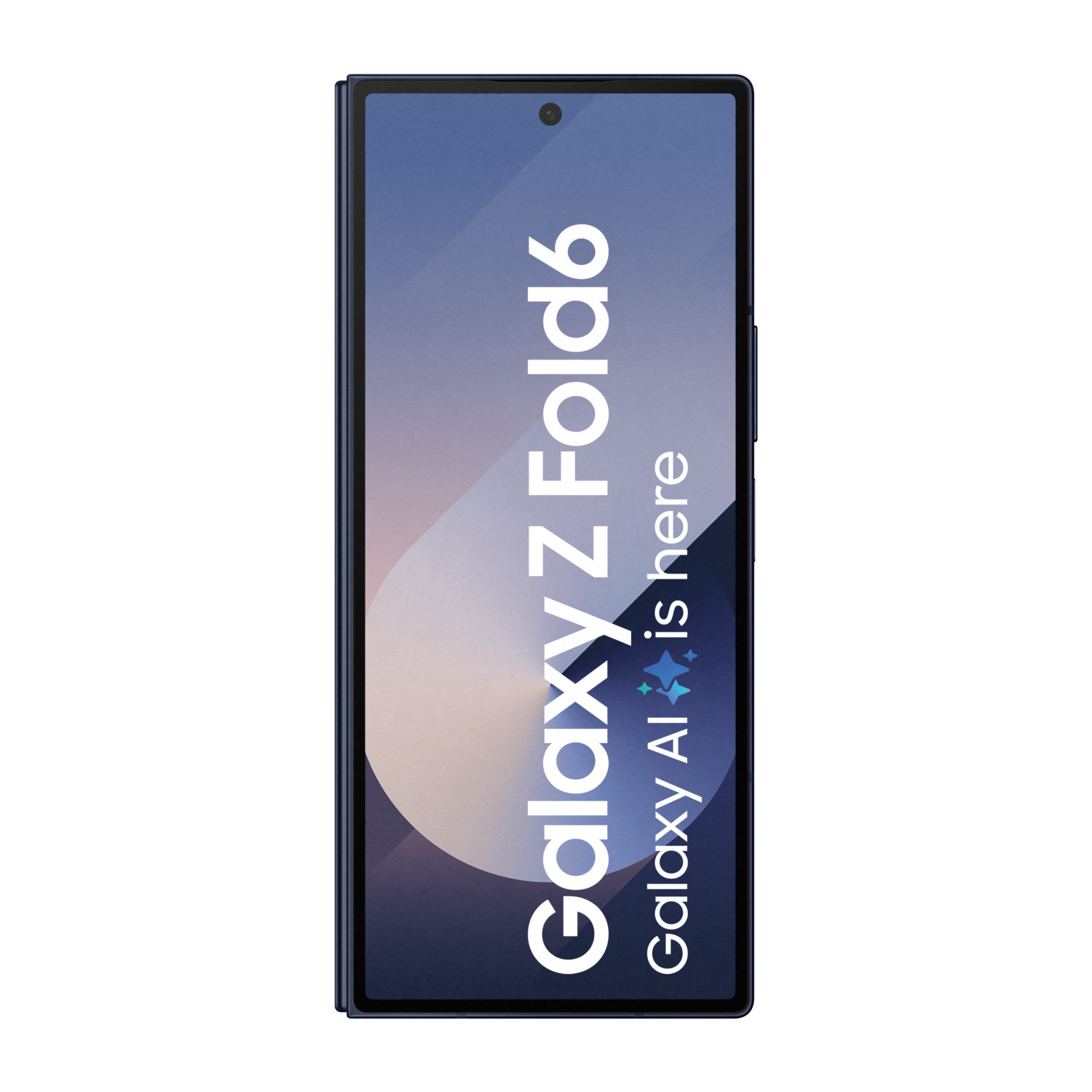 Un téléphone bleu avec le texte Galaxy Z Fold6 à l'écran.