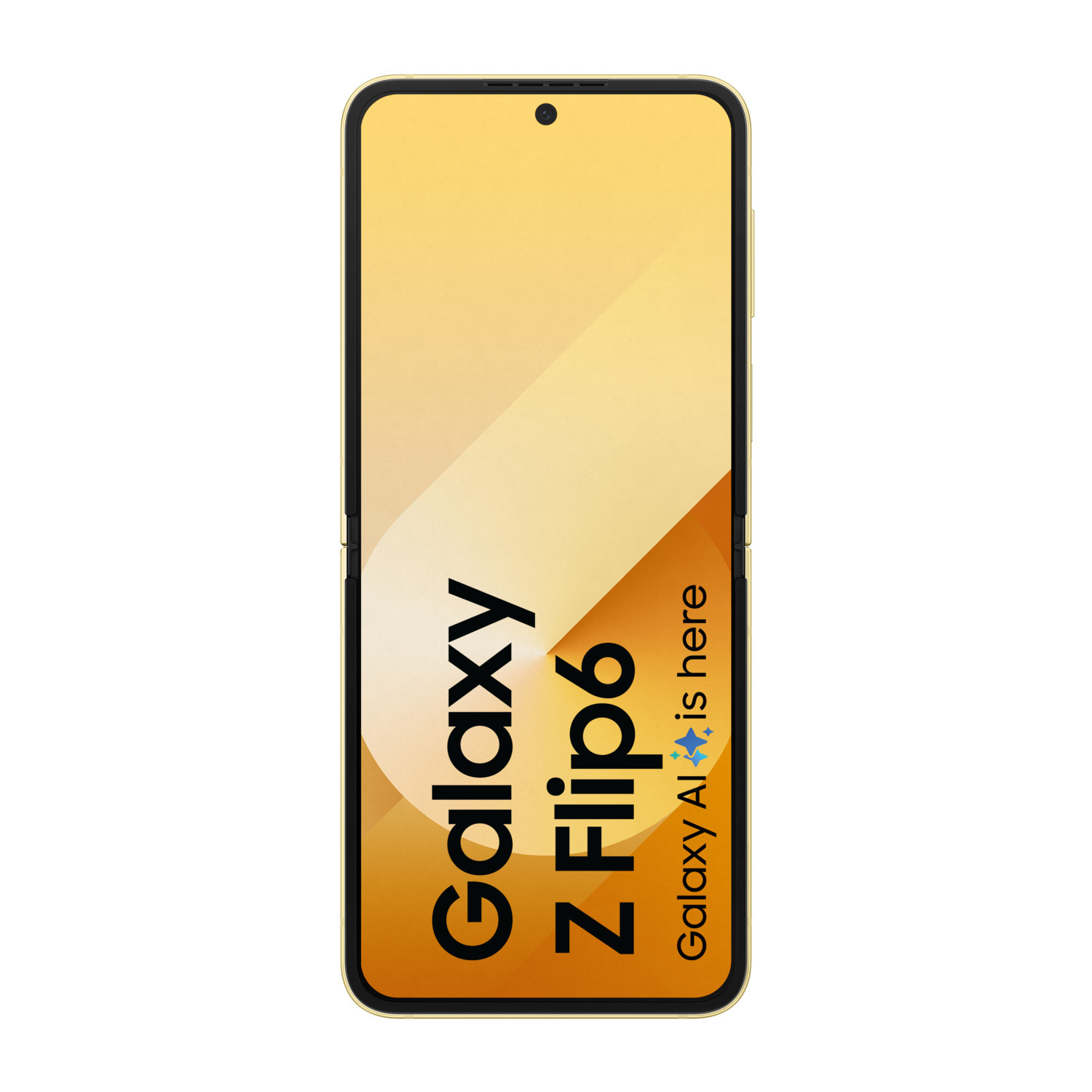 Téléphone doré Samsung Galaxy Z Flip6, entièrement ouvert, avec le texte Galaxy AI.