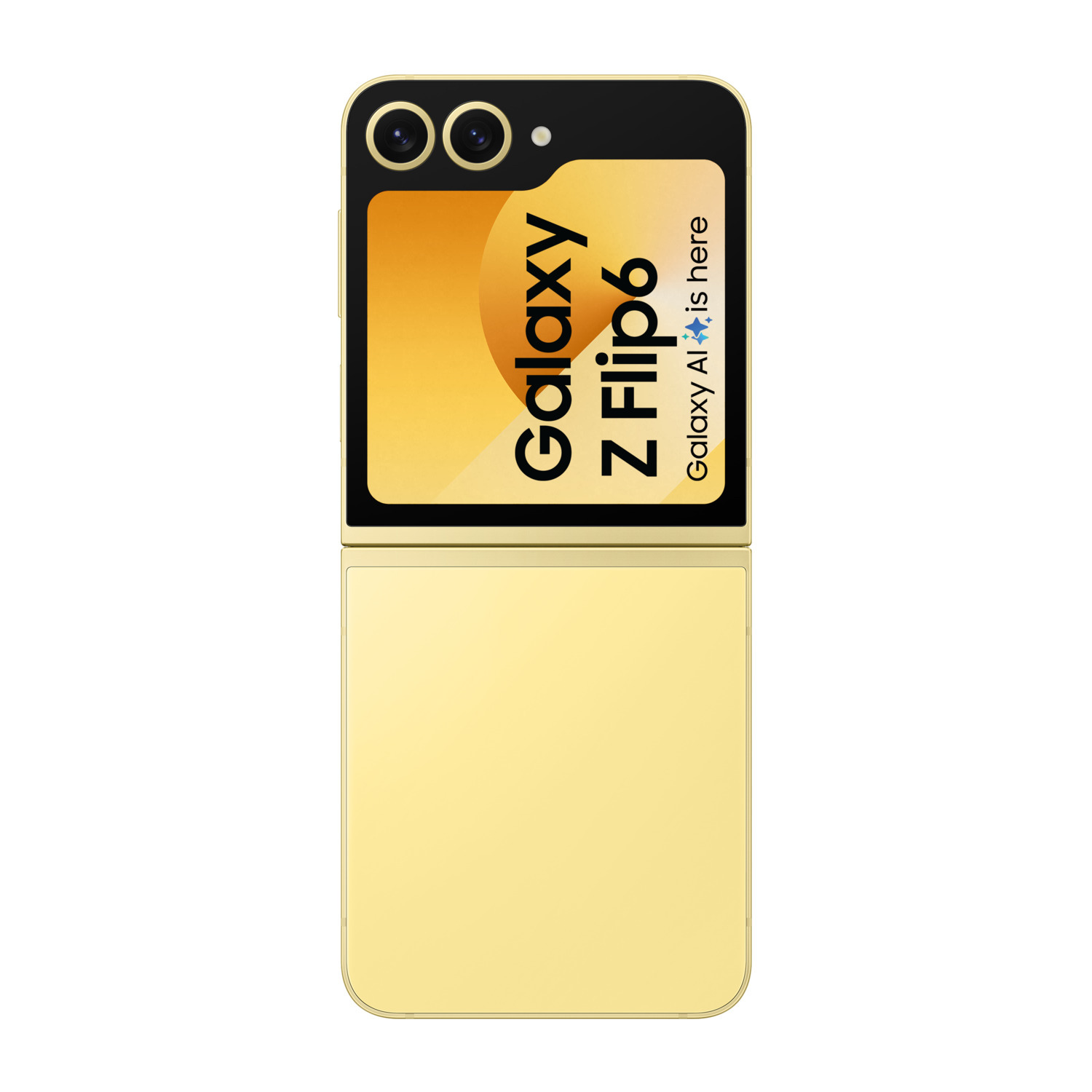Jaune Galaxy Z Flip6, ouvert, affichant son écran intérieur et le logo Galaxy AI.