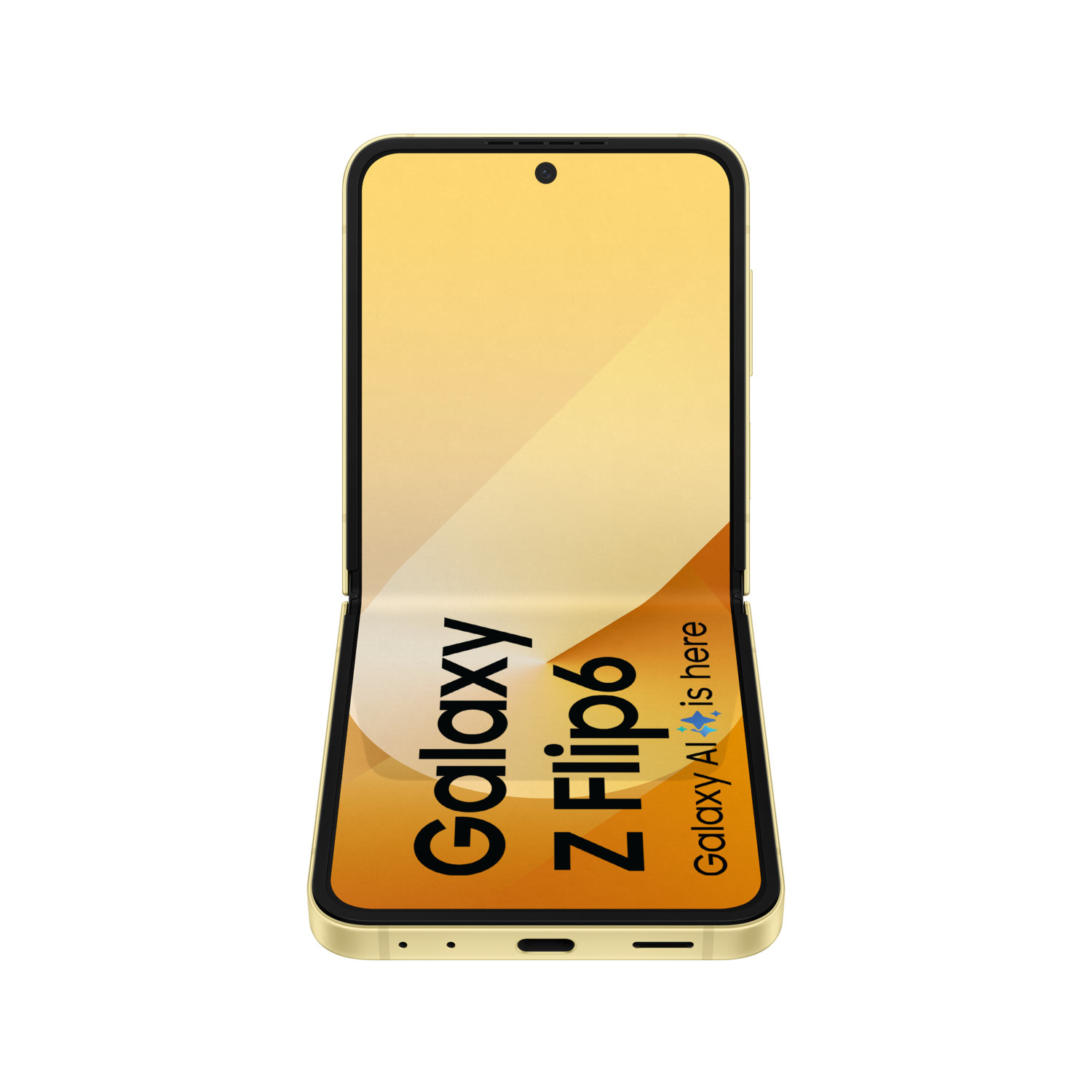 Téléphone doré Galaxy Z Flip6, ouvert, avec texte à l'écran, fond blanc.