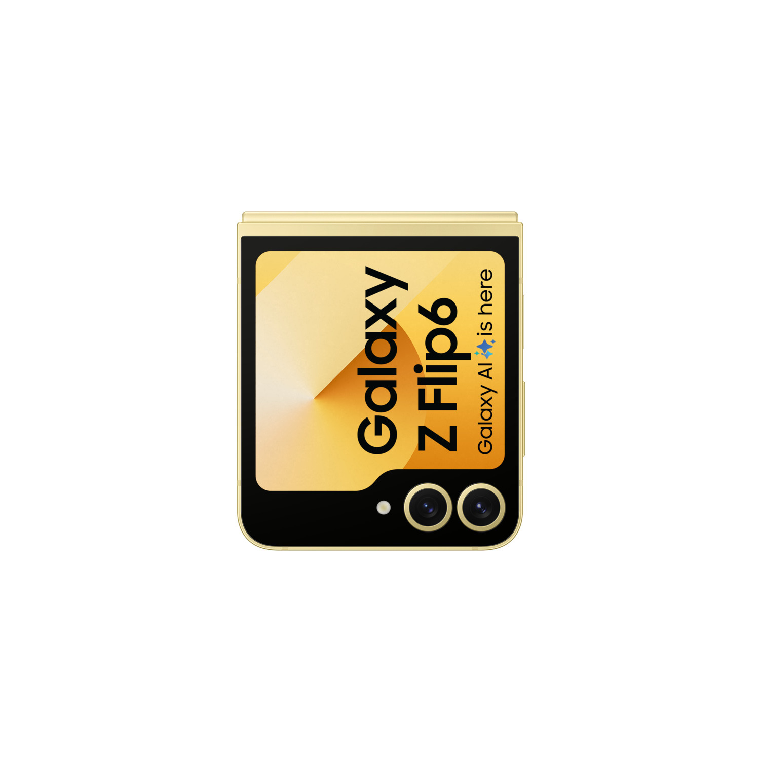 Galaxy Z Flip6 doré, fermé. Affiche 'Galaxy Z Flip6' avec le texte 'Galaxy AI is here'.