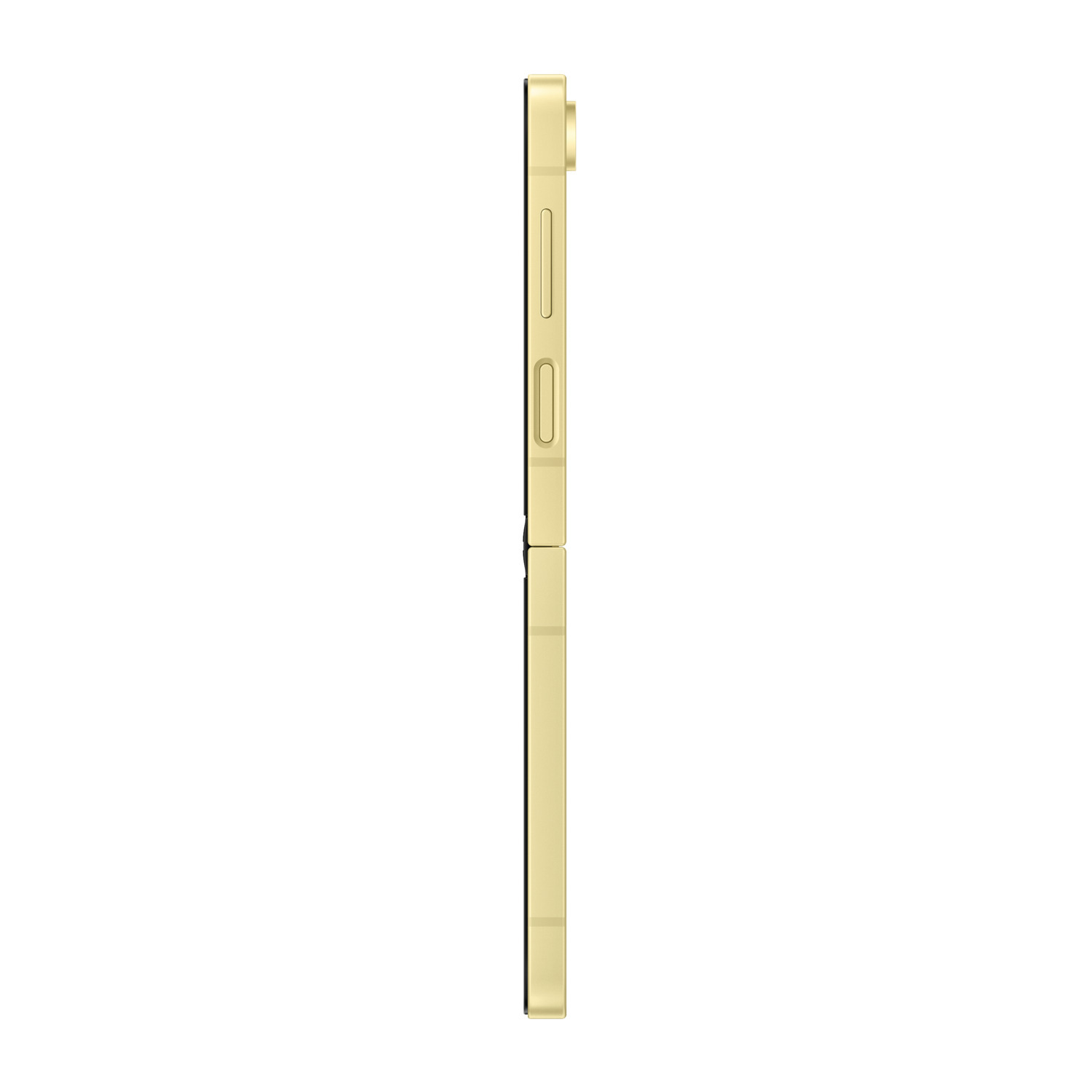 Vue latérale d'un téléphone Samsung Galaxy Z Flip doré, plié, montrant la charnière.